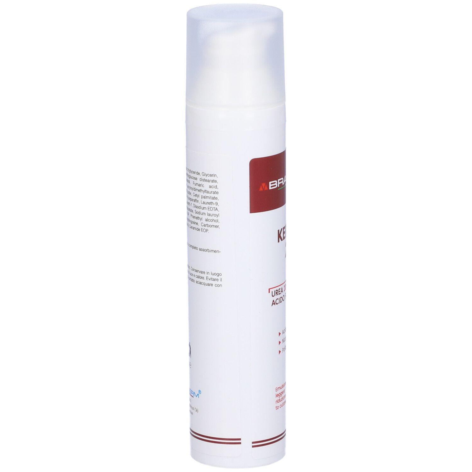 Flacone bianco con pompa. Fascia rossa con scritta: ABRADERM, KERATO 20. Contiene Urea 20% e Acido fumarico 2%.