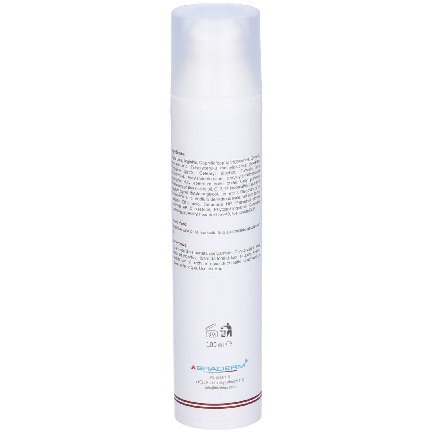 Flacone bianco con pompa. Fascia rossa con scritta: ABRADERM, KERATO 20. Contiene Urea 20% e Acido fumarico 2%.