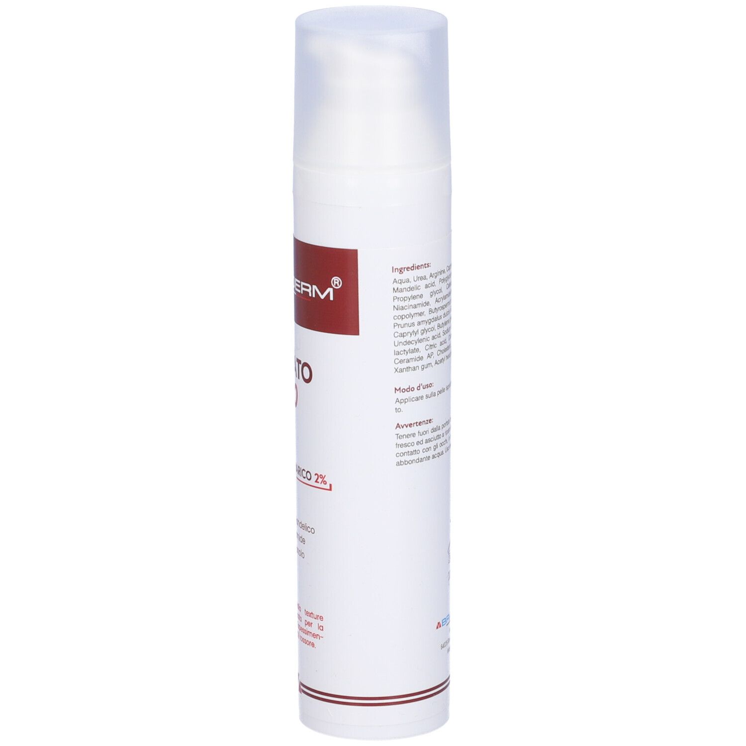 Flacone bianco con pompa. Fascia rossa con scritta: ABRADERM, KERATO 20. Contiene Urea 20% e Acido fumarico 2%.