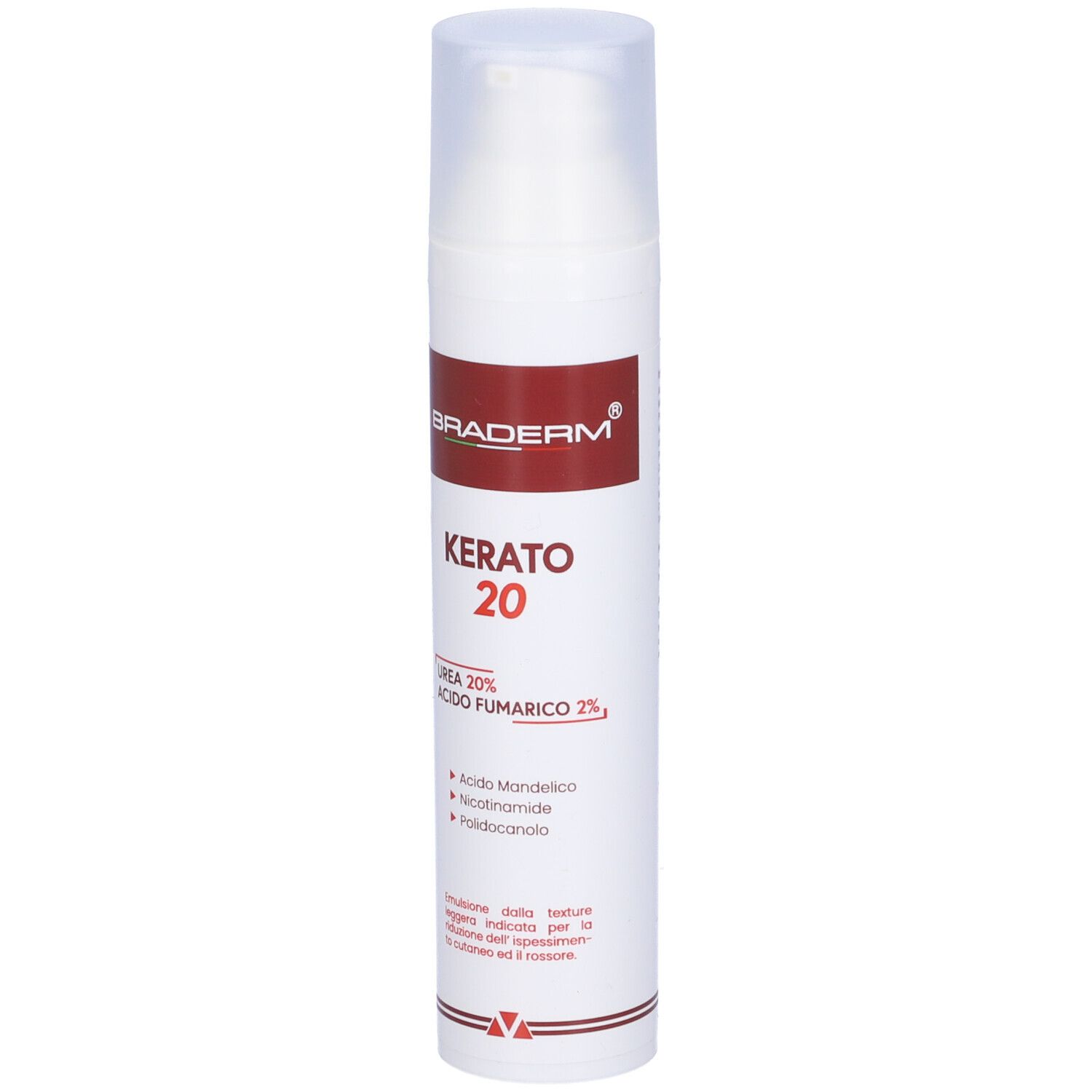 Flacone bianco con pompa. Fascia rossa con scritta: ABRADERM, KERATO 20. Contiene Urea 20% e Acido fumarico 2%.