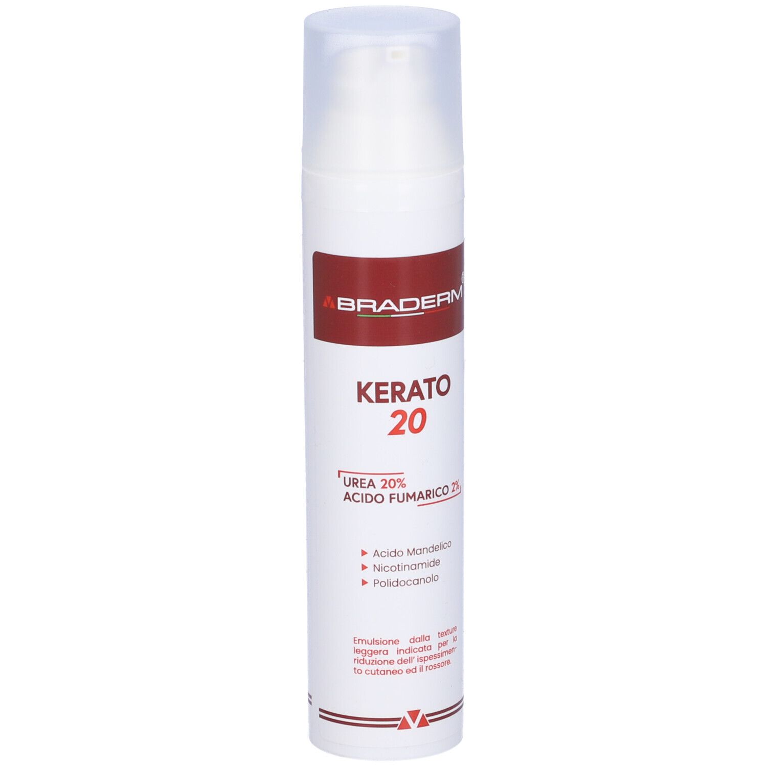 Flacone bianco con pompa. Fascia rossa con scritta: ABRADERM, KERATO 20. Contiene Urea 20% e Acido fumarico 2%.