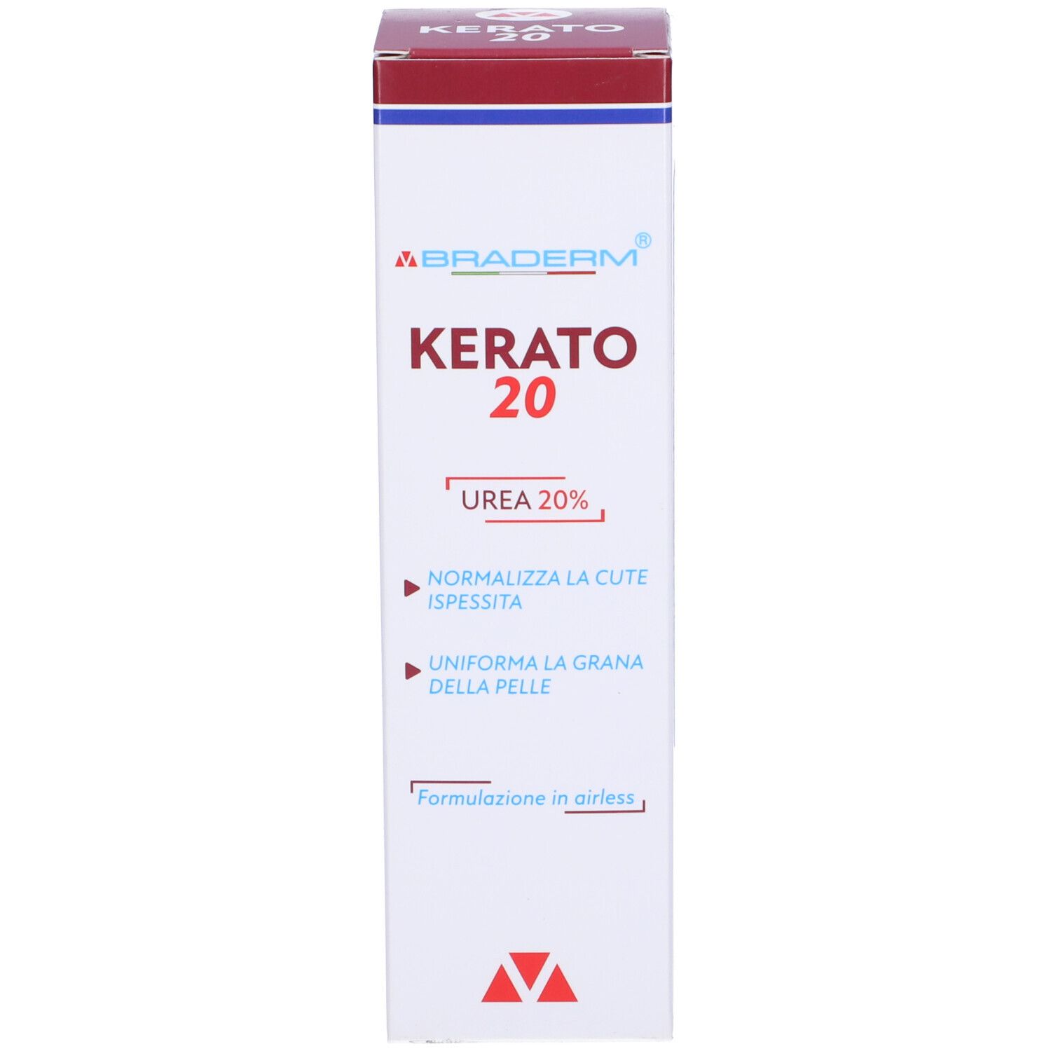 Confezione bianca con accento rosso. Scritta: ABRADERM, KERATO 20. Testo: Normalizza la pelle. Formula airless.