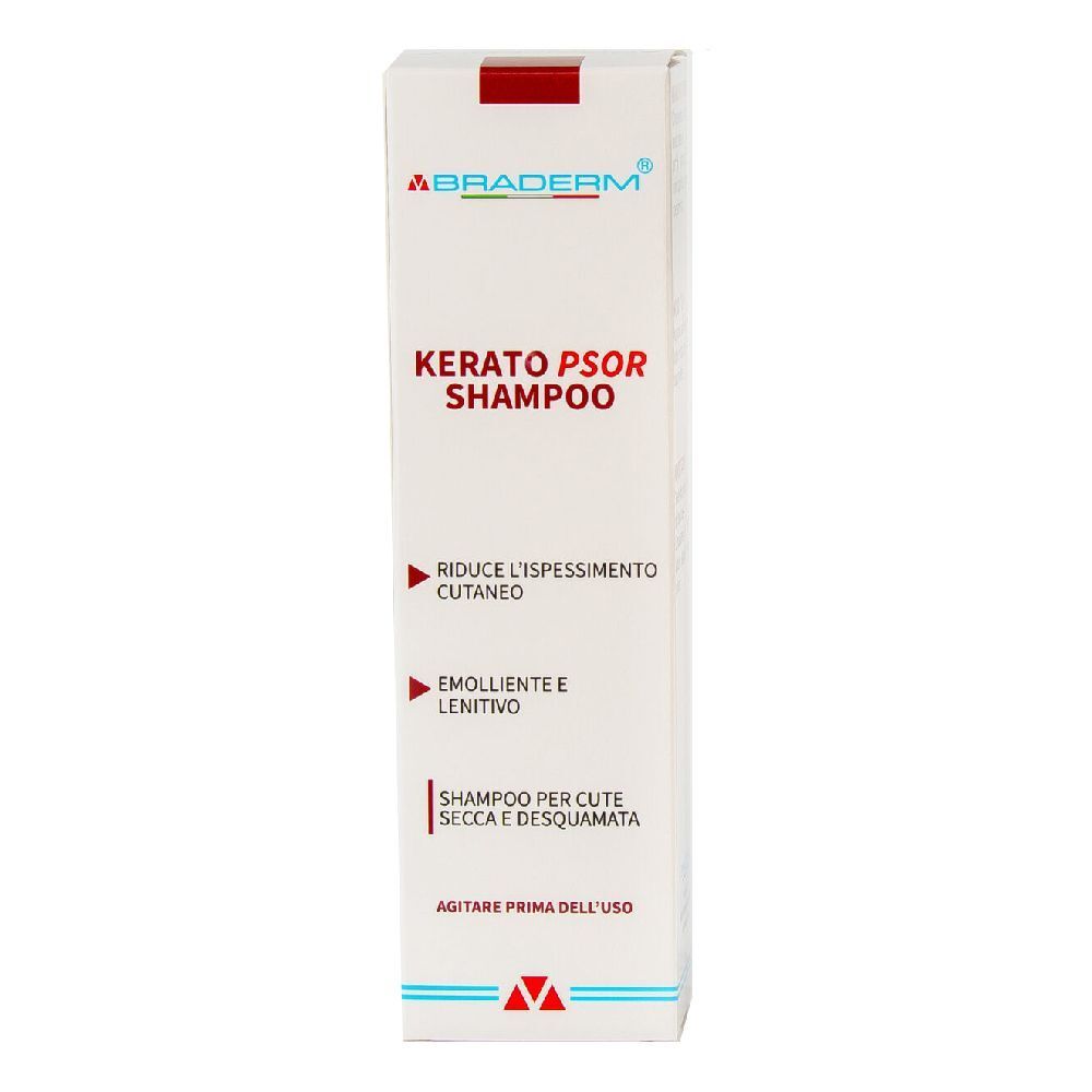 Scatola bianca con testo rosso e blu. Il testo recita: Kerato Psor Shampoo, riduce l'ispessimento cutaneo, emolliente e lenitivo.