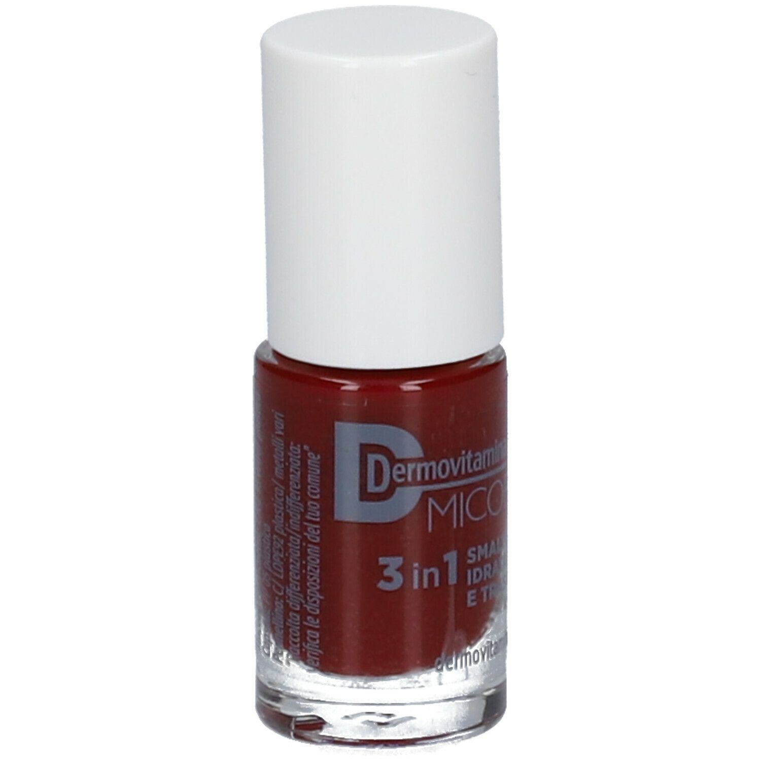 Flacone di smalto con tappo bianco. Smalto bordeaux. Logo e scritta: Dermovitamina Micoblock 3 in 1 Smalto Idratante e Traspirante.