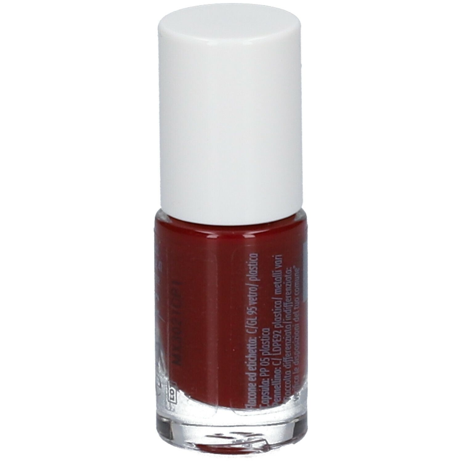 Flacone di smalto con tappo bianco. Smalto bordeaux. Retro con testo. Scritta: Dermovitamina Micoblock.