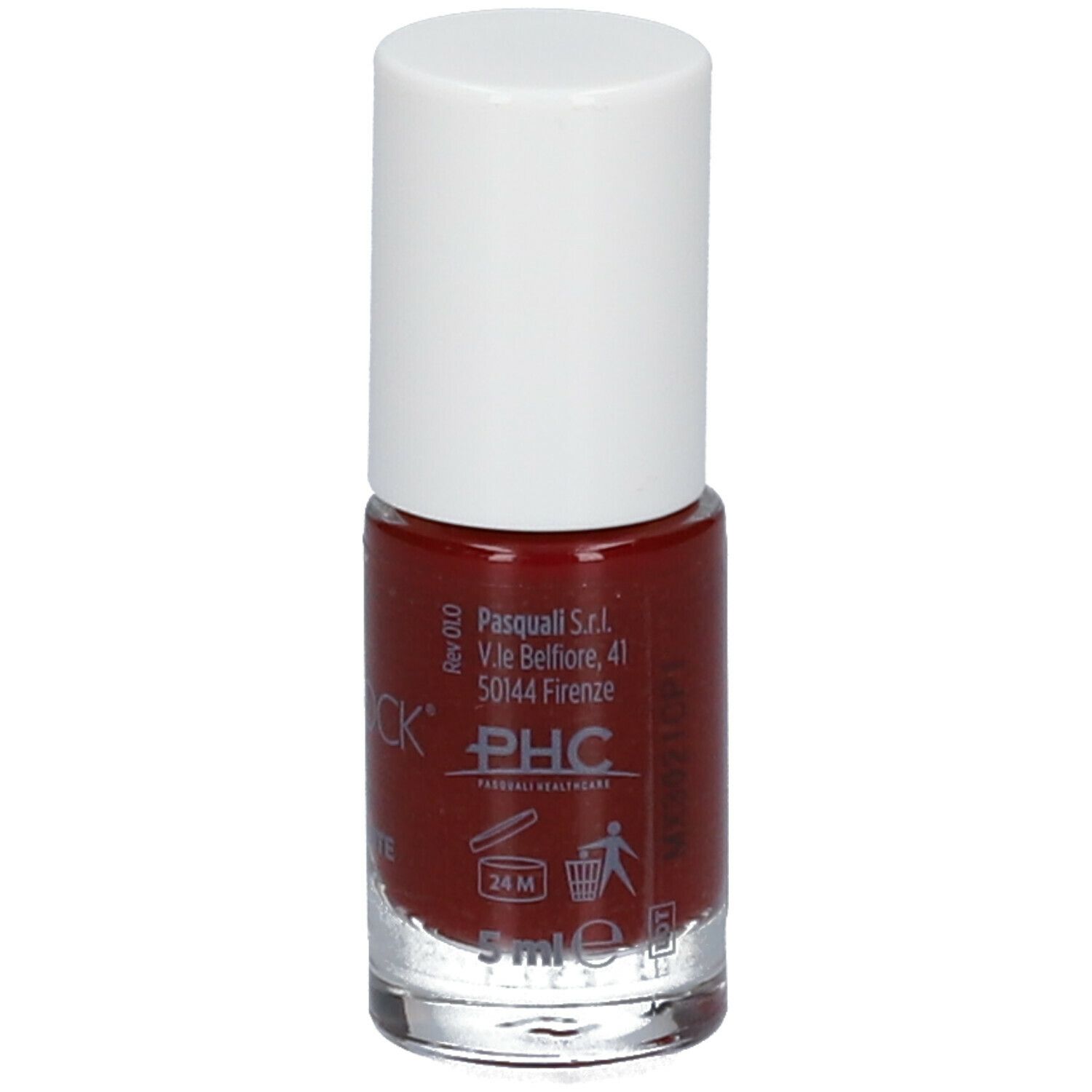 Flacone di smalto con tappo bianco. Smalto bordeaux. Scritta: Dermovitamina Micoblock, PHC, 5 ml.