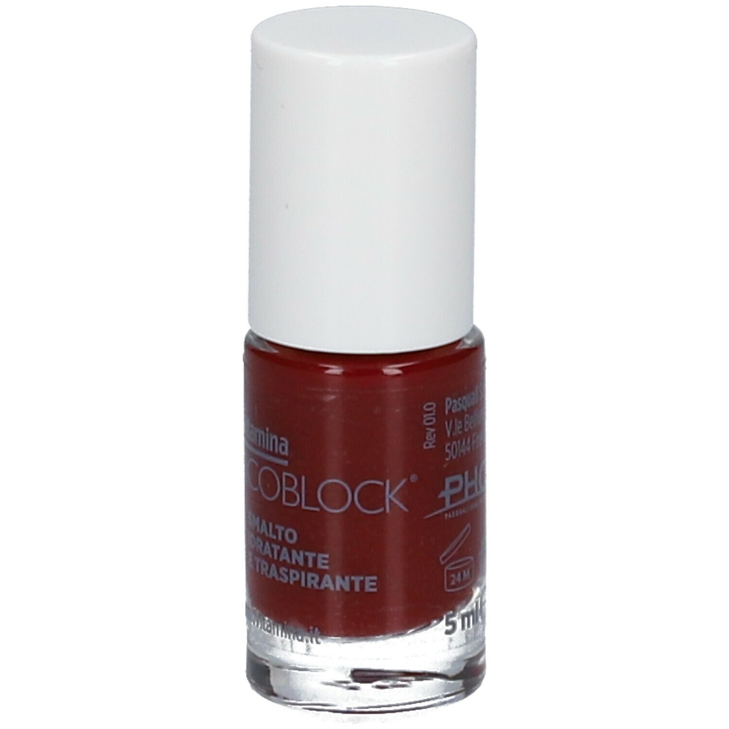 Flacone di smalto con tappo bianco. Smalto bordeaux. Scritta: Dermovitamina Micoblock, 5 ml.