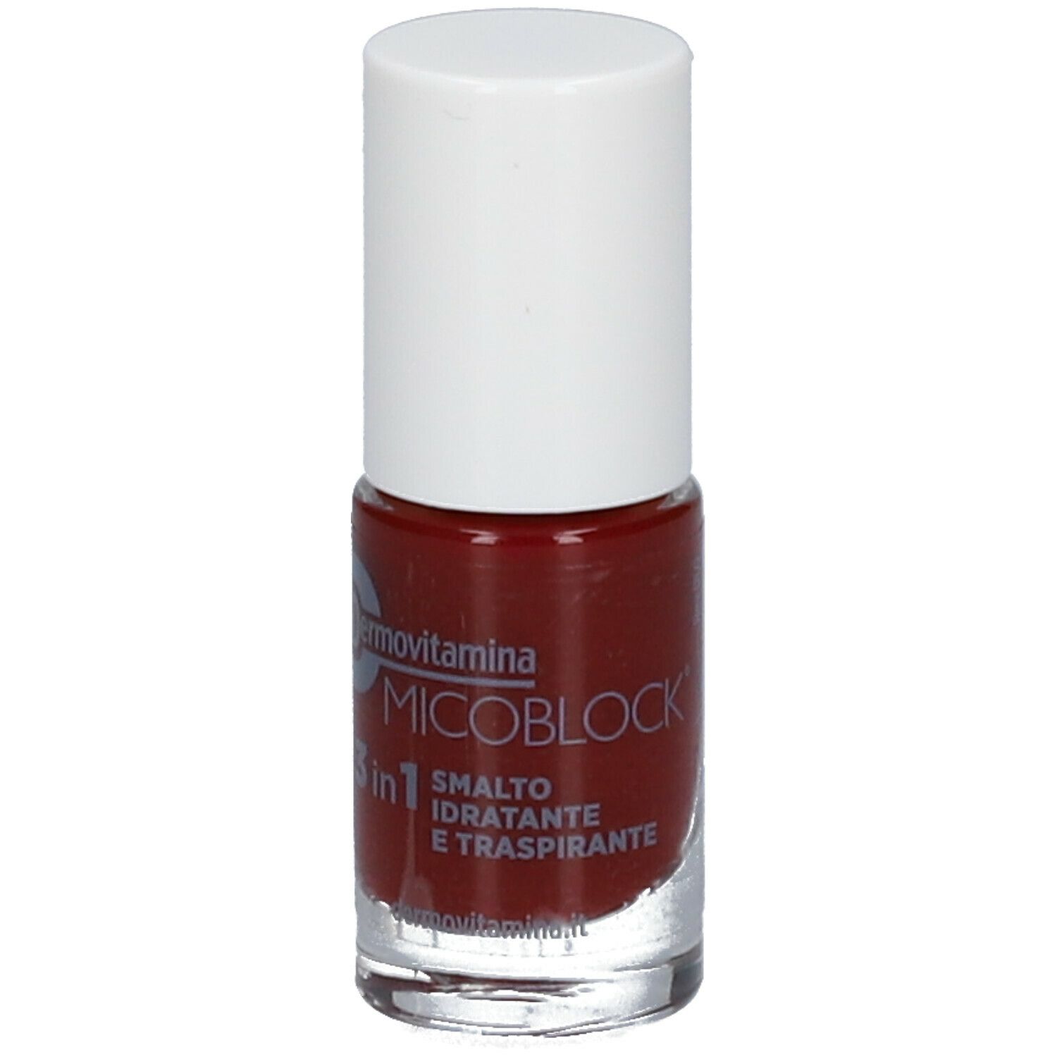 Flacone di smalto con tappo bianco. Smalto bordeaux. Scritta: Dermovitamina Micoblock 3 in 1 Smalto Idratante e Traspirante.