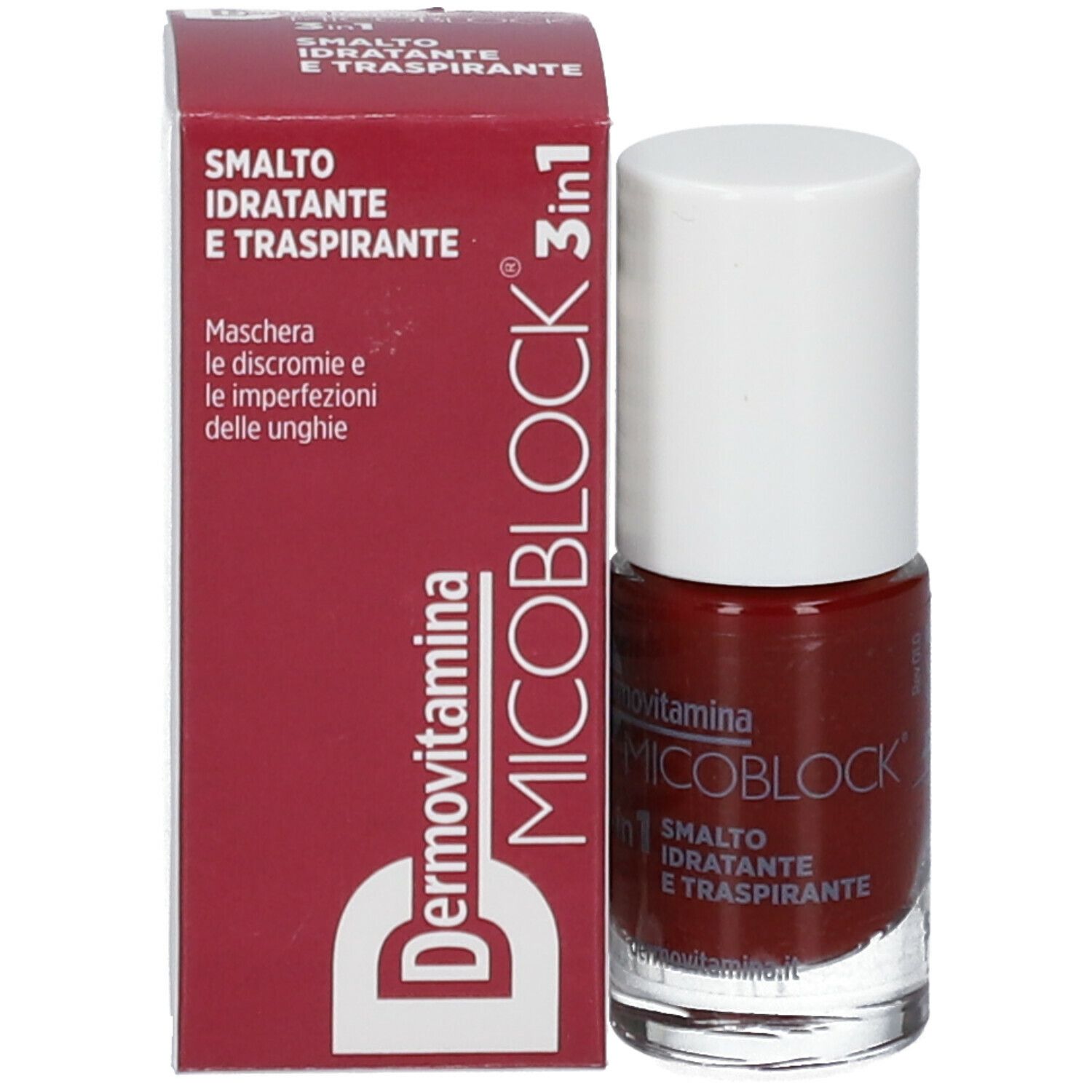 Flacone di smalto accanto a confezione rossa. Confezione con nome e descrizione del prodotto. Scritta: Dermovitamina Micoblock 3 in 1.