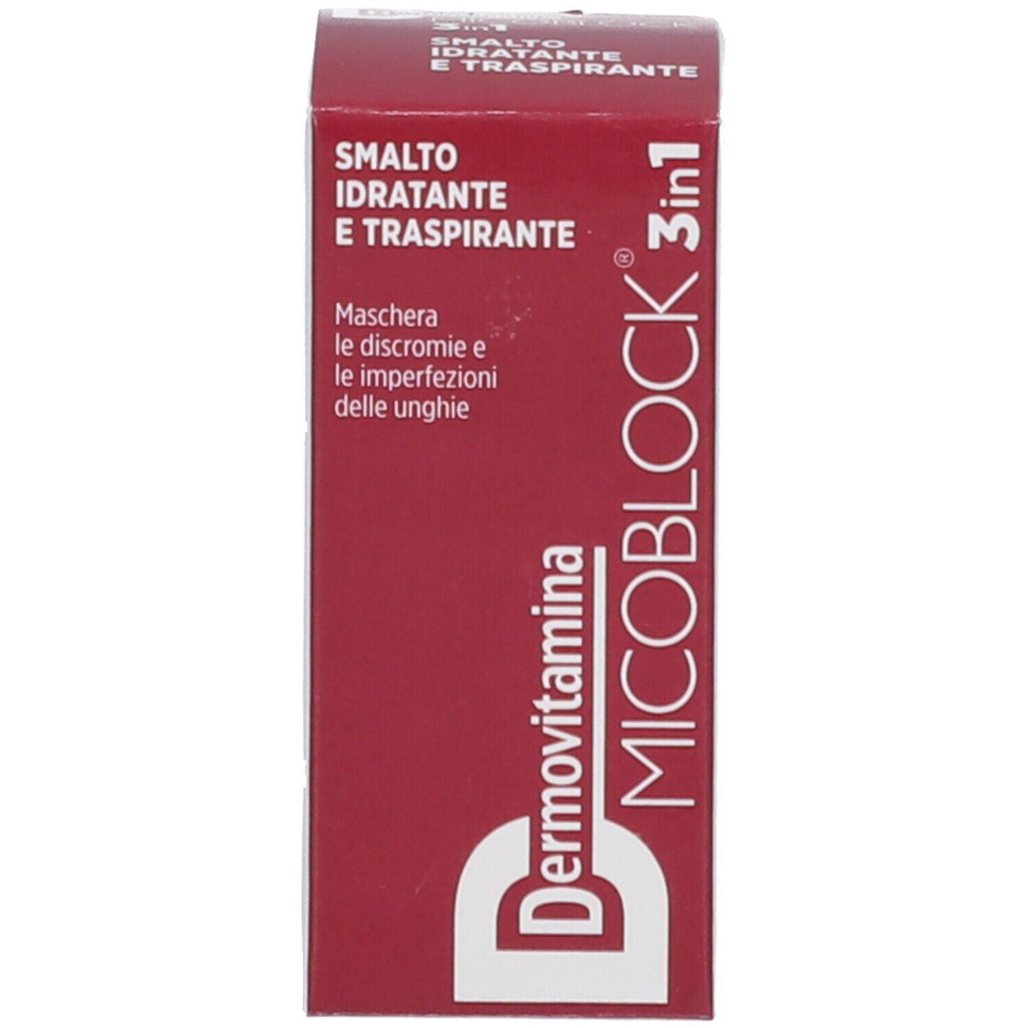 Confezione rossa con nome e descrizione del prodotto. Scritta: Dermovitamina Micoblock 3 in 1 Smalto Idratante e Traspirante.