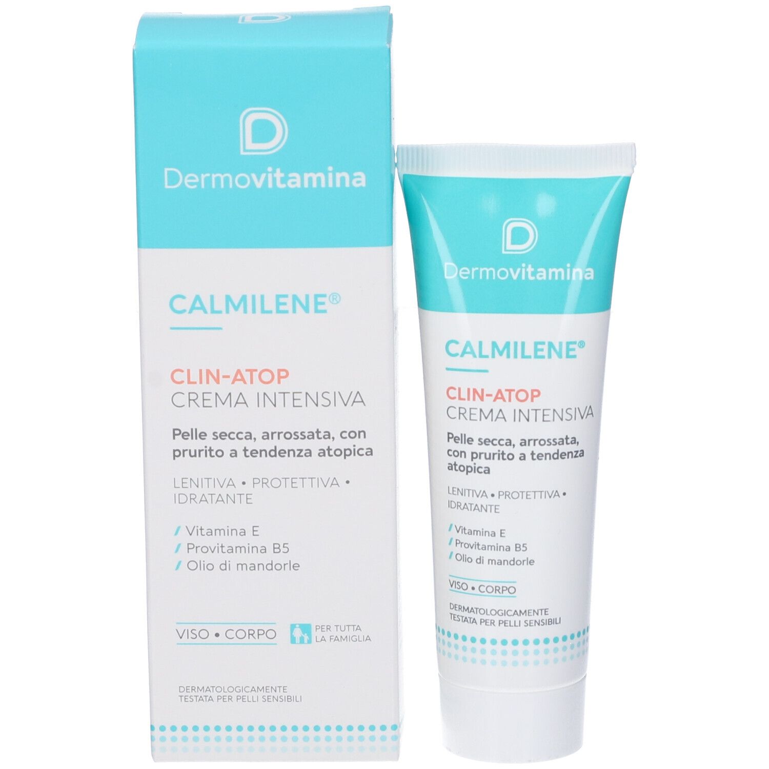 Produktverpackung mit Tube. Schachtel und Tube mit blau-weißem Design. Aufschrift: Dermovitamina, CALMILENE, CLIN-ATOP, Crema Intensiva.