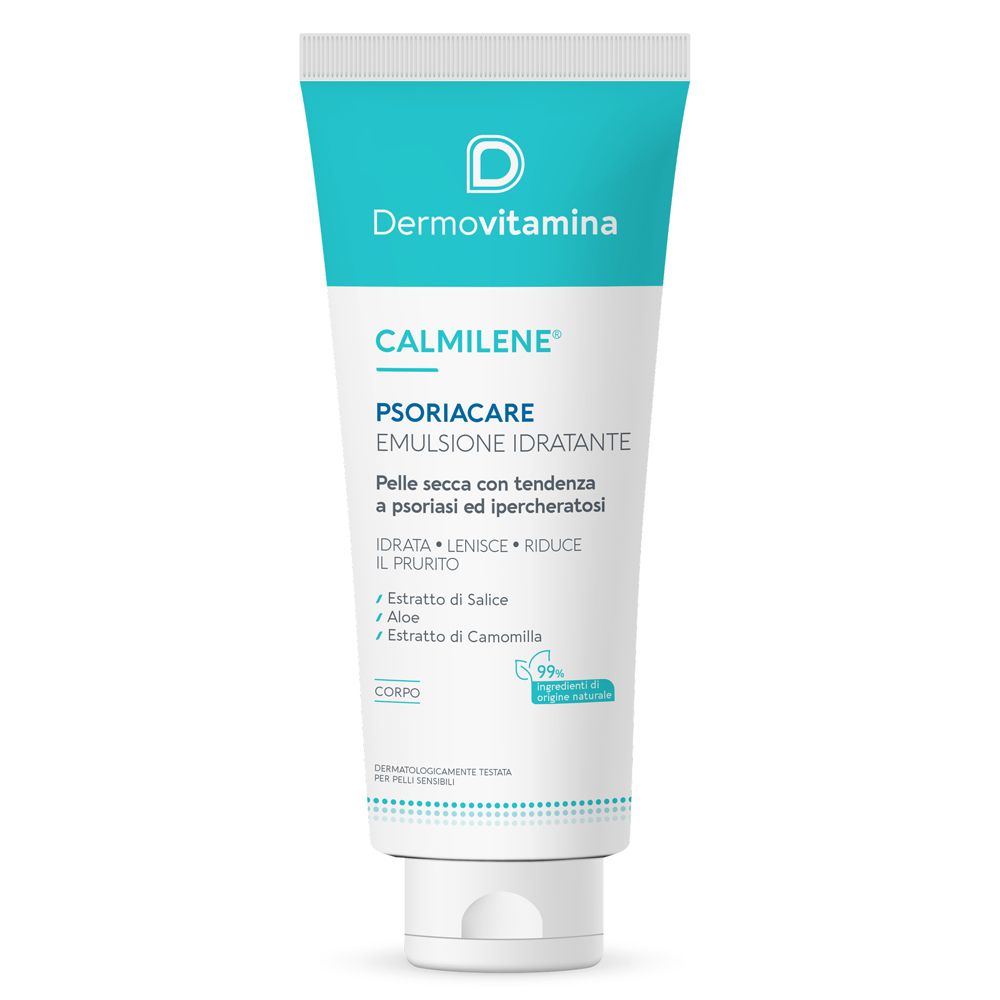Tubo bianco-azzurro. Scritta: Dermovitamina Calmilene Psoriacare Emulsione Idratante. Contiene aloe e camomilla.