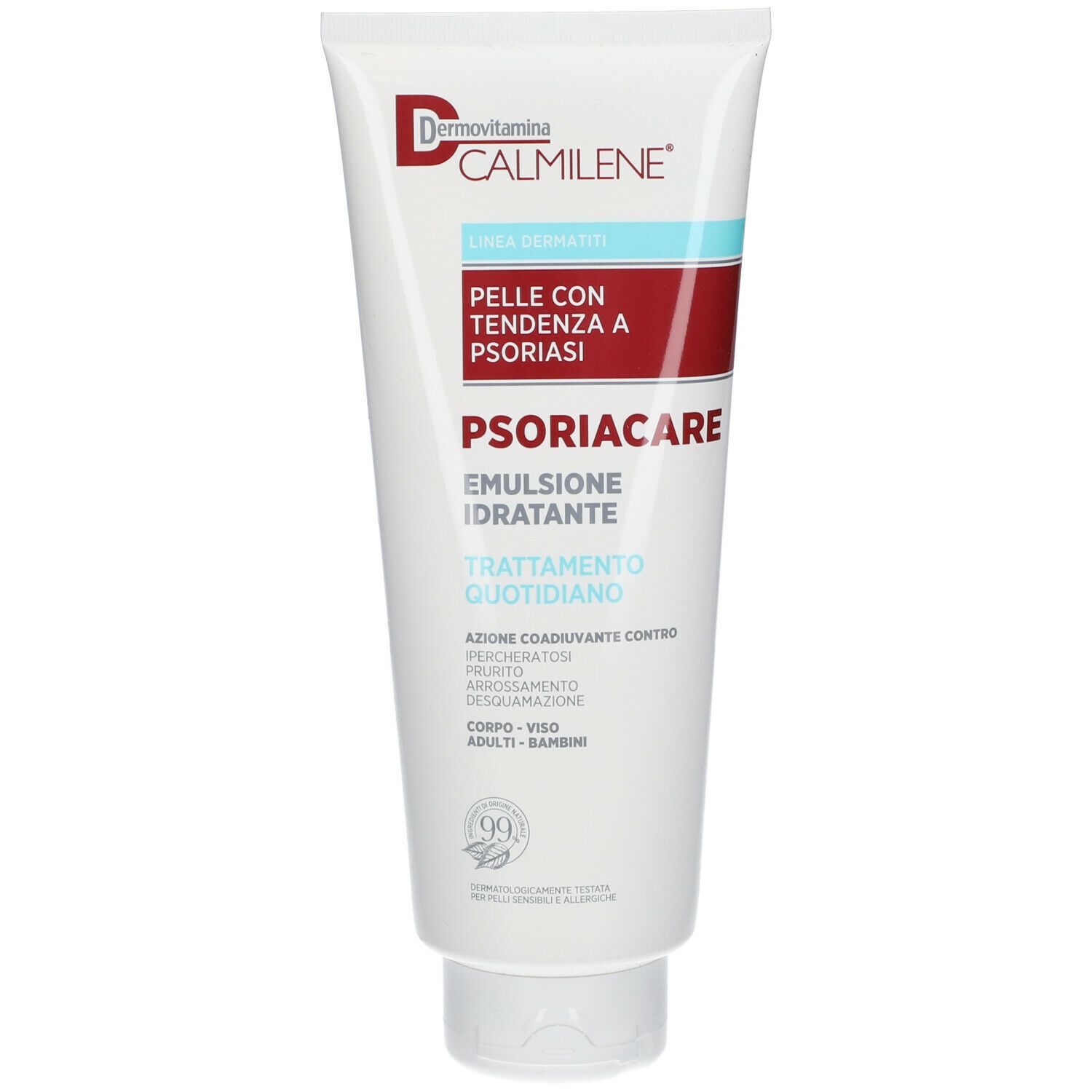 Tubo bianco, rosso e azzurro. Scritta: Dermovitamina Calmilene Psoriacare Emulsione Idratante. Per adulti e bambini.
