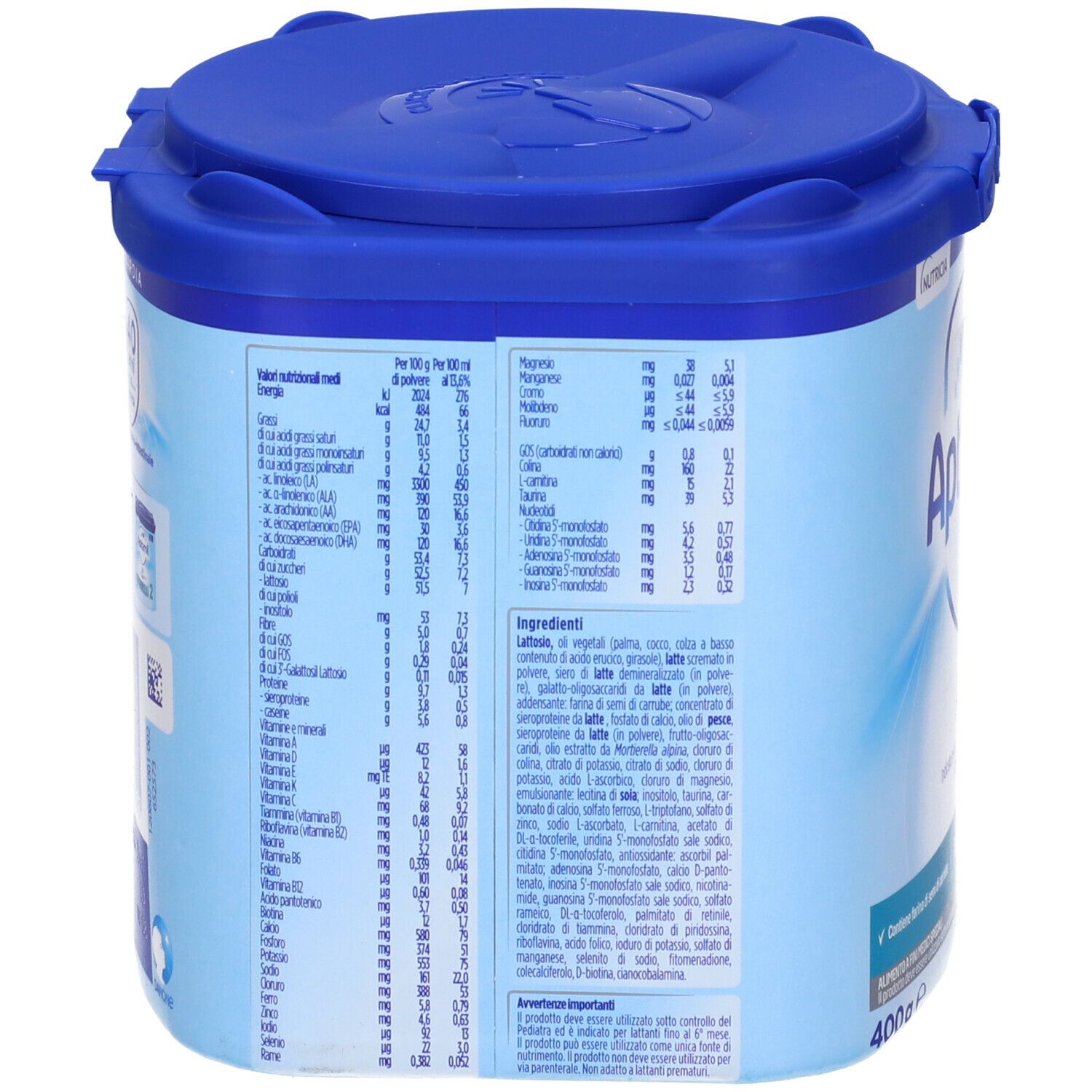 Retro della lattina Aptamil AR 1. Contiene tabelle con informazioni nutrizionali e lista ingredienti.