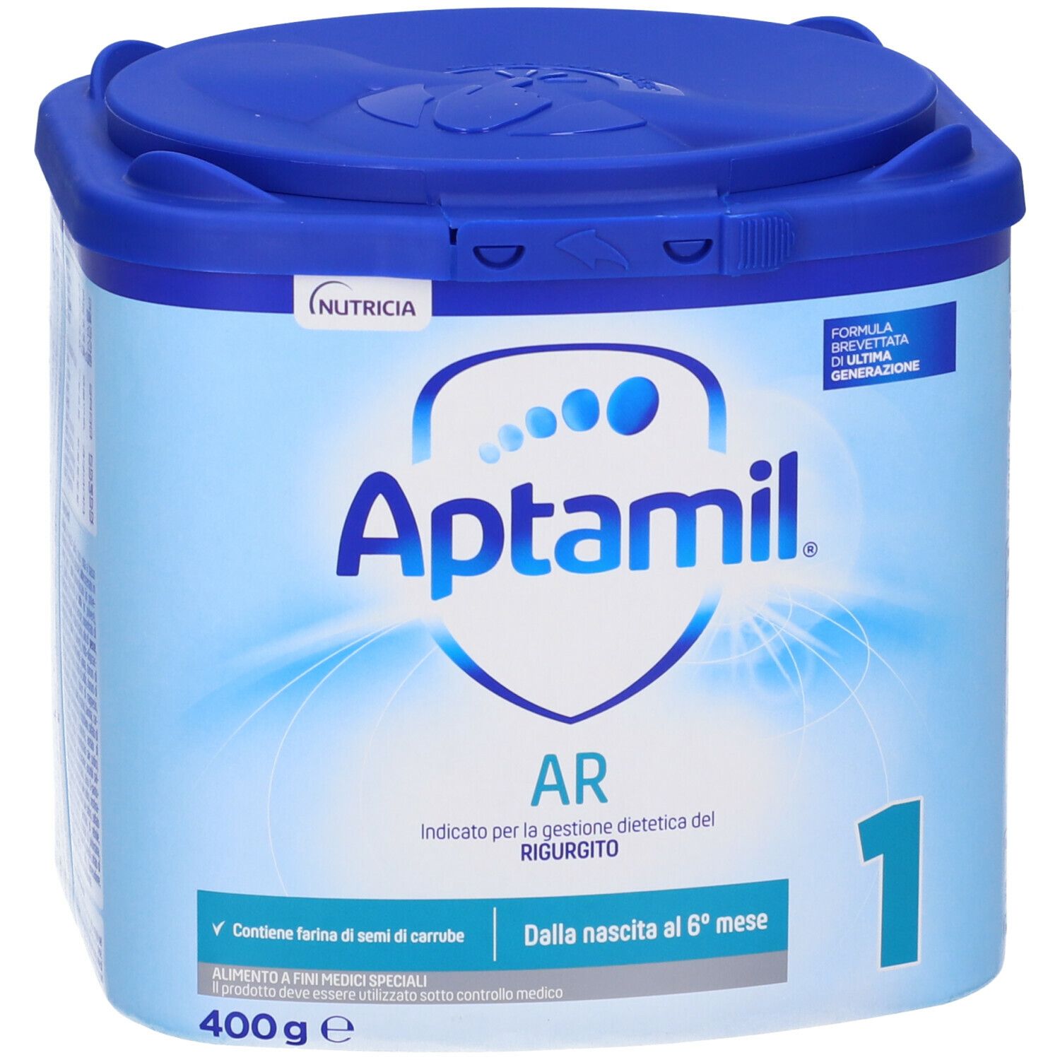 Lattina di latte in polvere Aptamil AR 1. Blu e bianca. Contiene testo: AR, 1, 400g e altre informazioni.