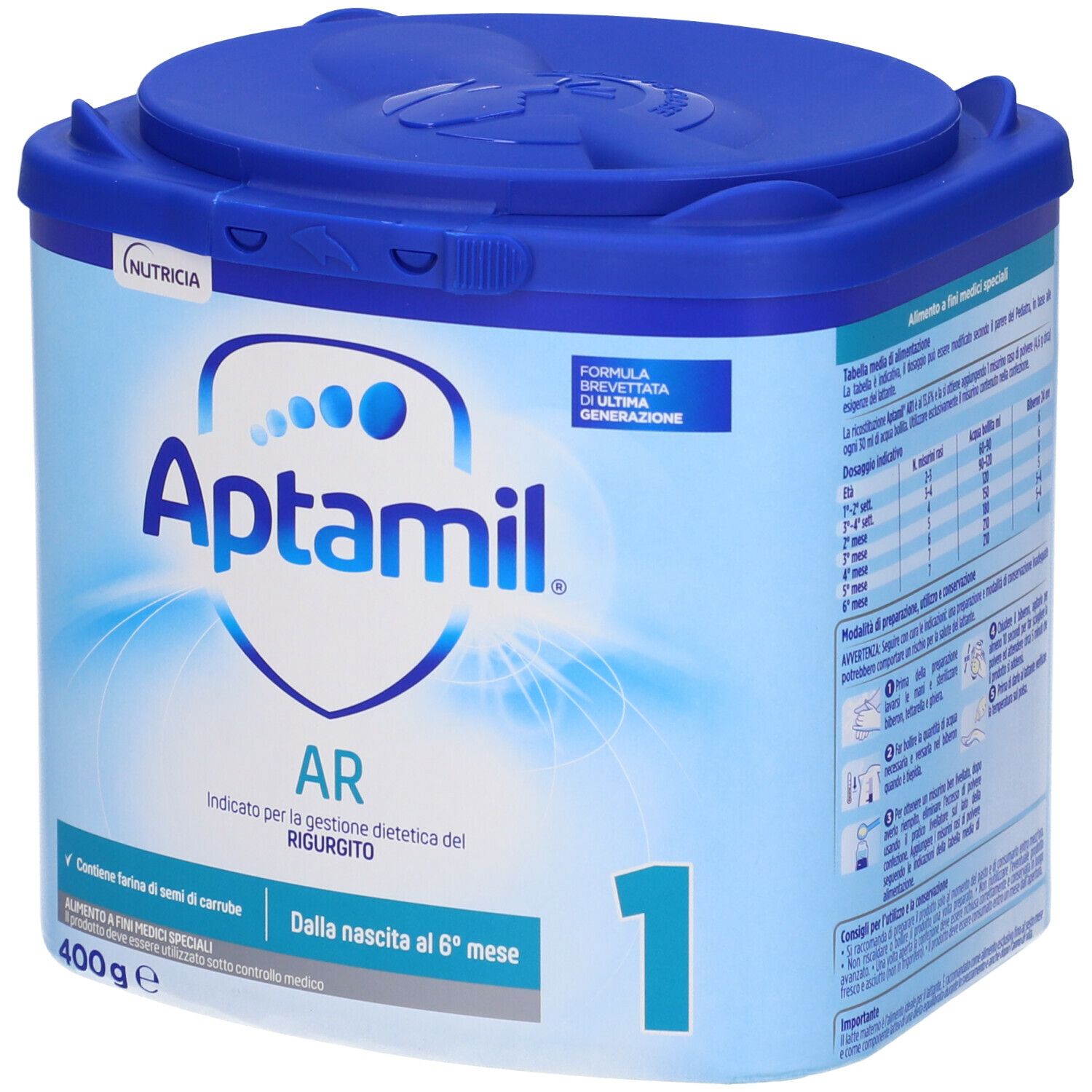 Lattina di latte in polvere Aptamil AR 1. Blu e bianca. Contiene testo: AR, 1, 400g e altre informazioni.
