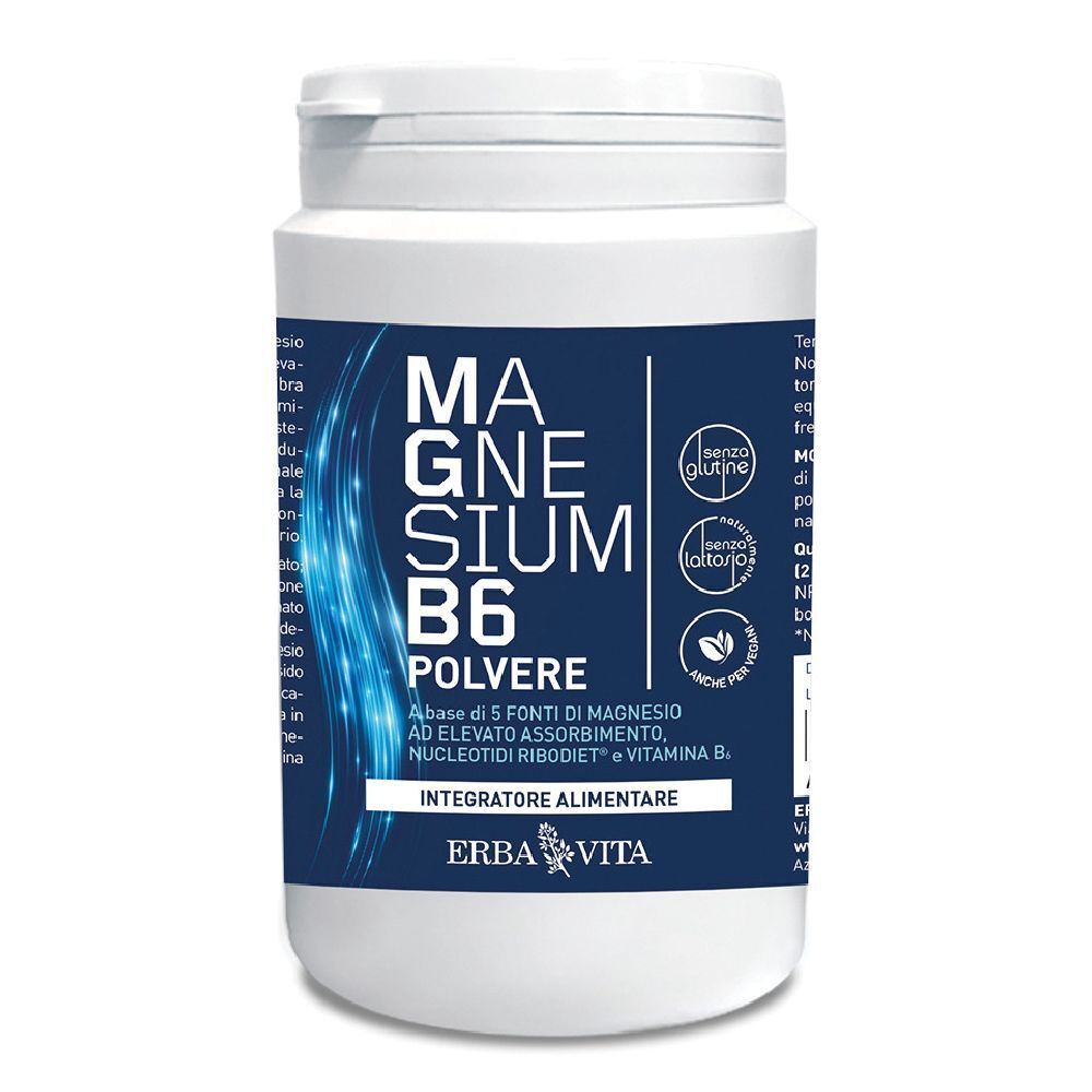 Contenitore bianco con etichetta blu. Scritta: Magnesium B6 Polvere. Marchio: Erba Vita. Senza glutine, senza lattosio.