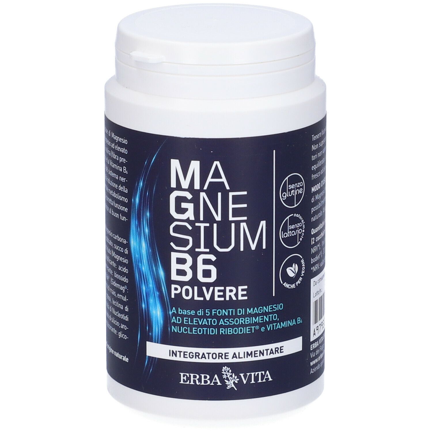 Contenitore bianco con etichetta blu. Scritta: Magnesium B6 Polvere. Marchio: Erba Vita. Senza glutine, senza lattosio.