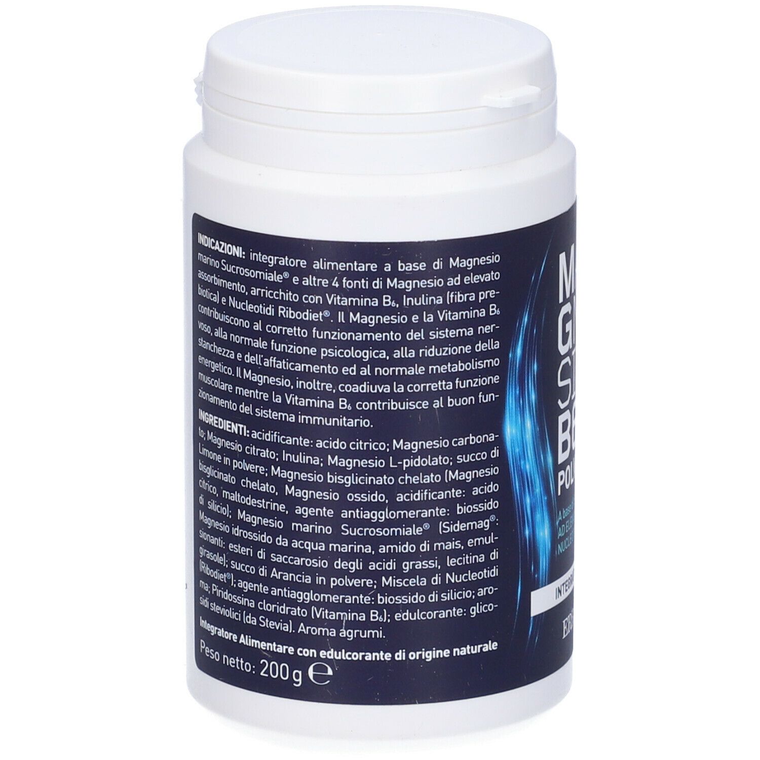 Contenitore bianco con etichetta blu. Scritta: Magnesium B6 Polvere. Marchio: Erba Vita. Elenco ingredienti e informazioni nutrizionali.
