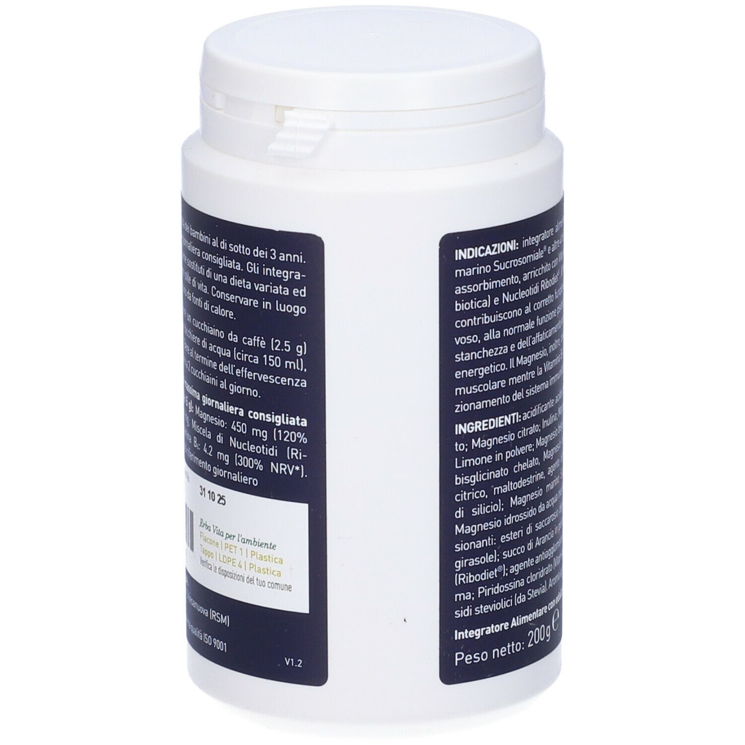 Contenitore bianco con etichetta blu. Scritta: Magnesium B6 Polvere. Marchio: Erba Vita. Retro con istruzioni per l'uso.