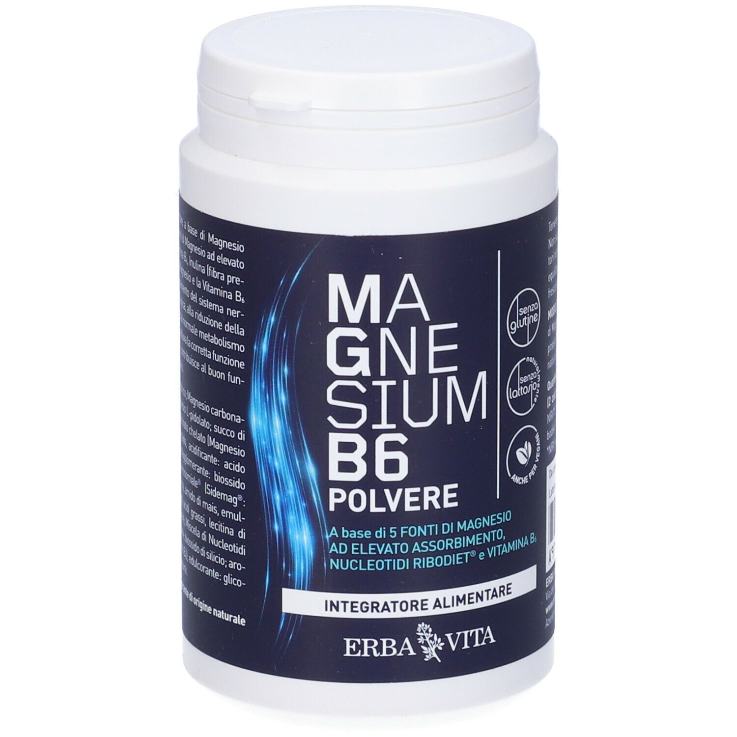 Contenitore bianco con etichetta blu. Scritta: Magnesium B6 Polvere. Marchio: Erba Vita. Senza glutine, senza lattosio.