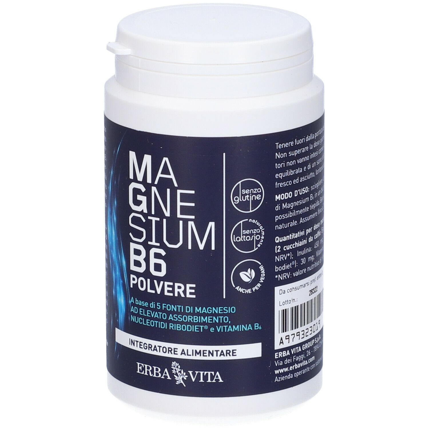 Contenitore bianco con etichetta blu. Scritta: Magnesium B6 Polvere. Marchio: Erba Vita. Senza glutine, senza lattosio.