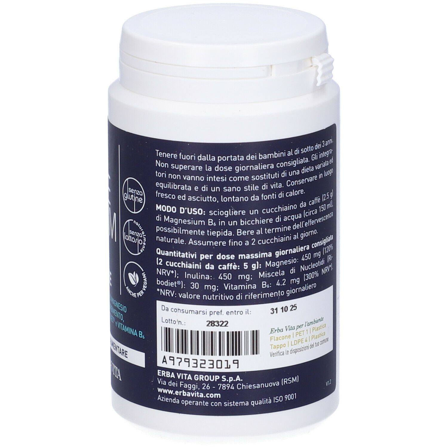 Contenitore bianco con etichetta blu. Scritta: Magnesium B6 Polvere. Marchio: Erba Vita. Retro con informazioni e logo.