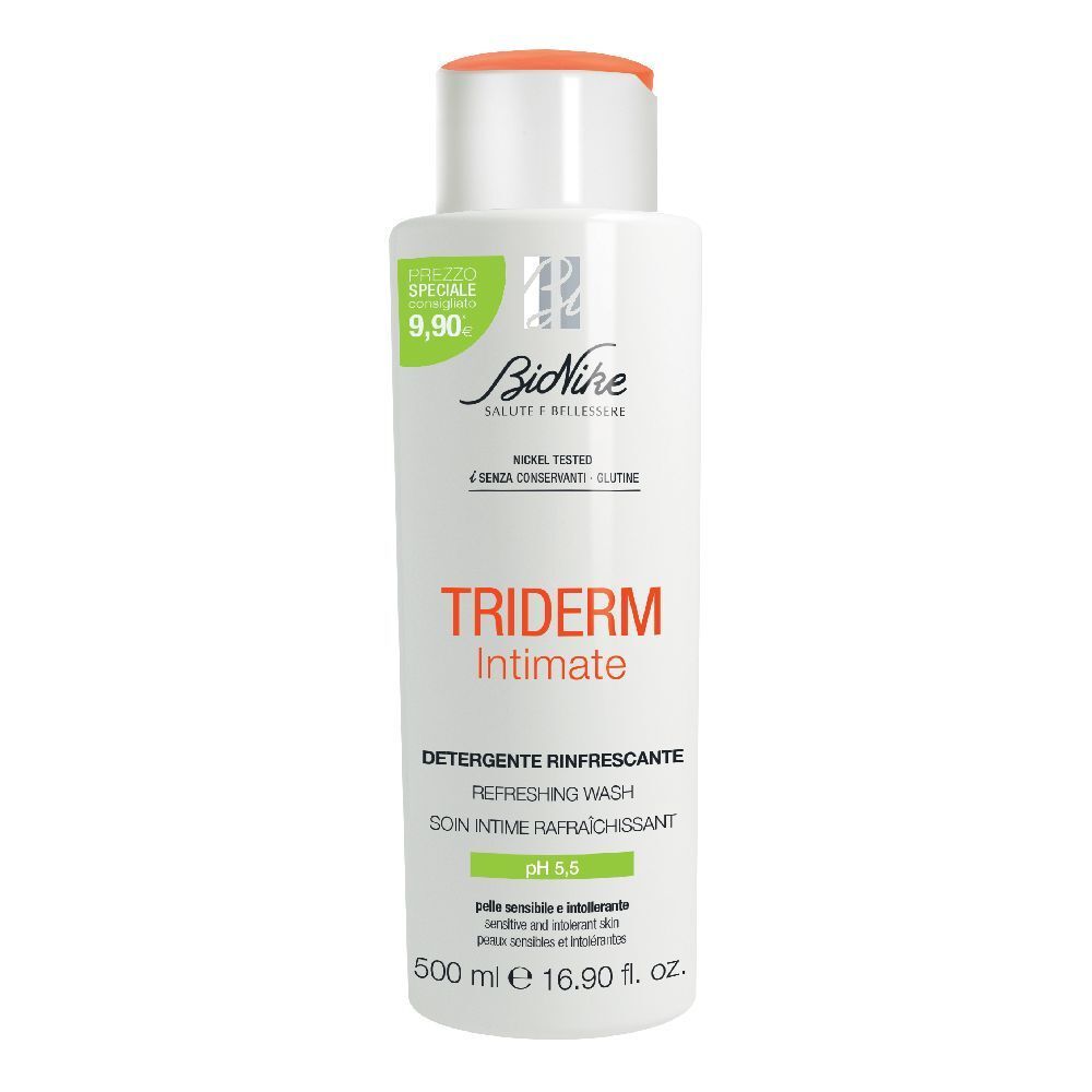Flacone bianco con tappo arancione. Scritta: TRIDERM Intimate, pH 5,5. Nome del prodotto e marchio visibili.