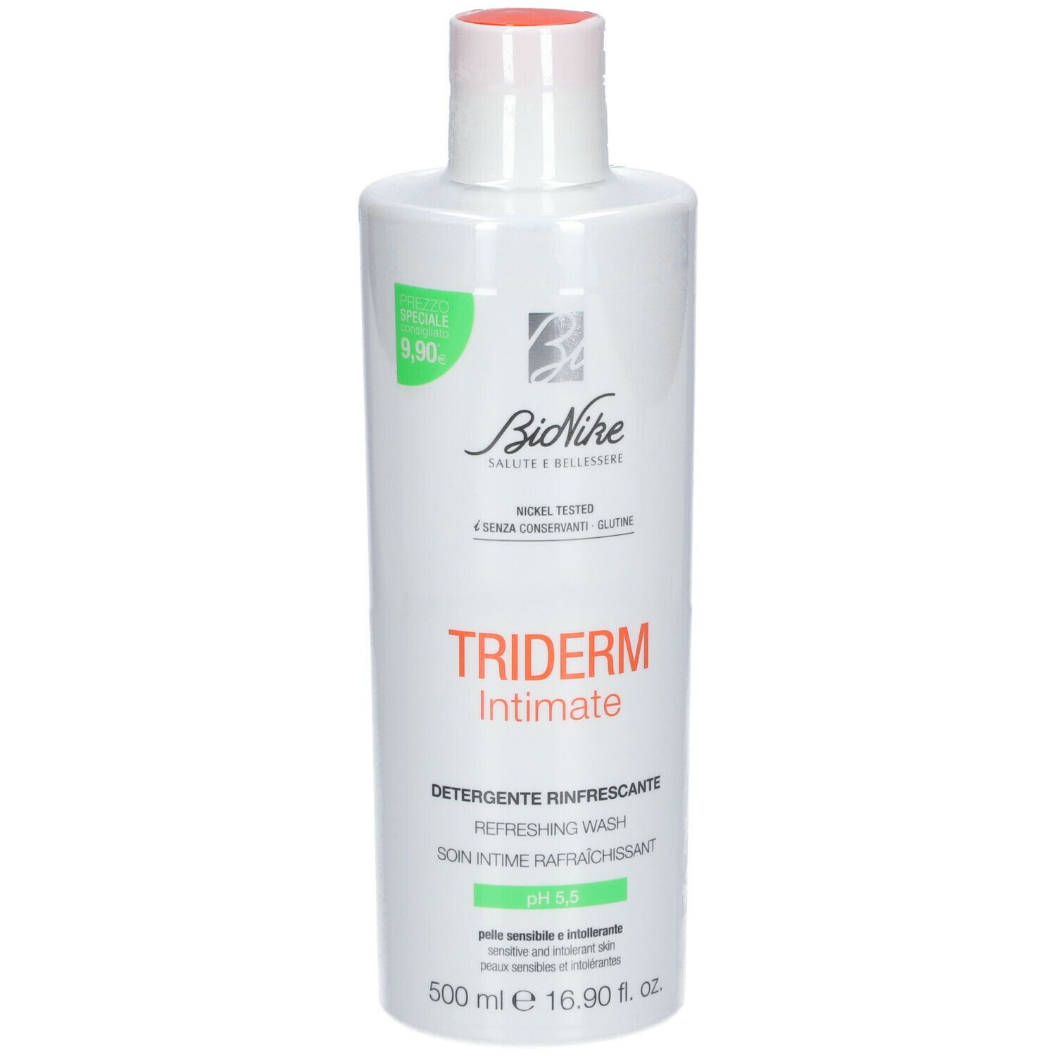 Flacone bianco con tappo arancione. Scritta: TRIDERM Intimate, pH 5,5. Nome del prodotto e marchio visibili.
