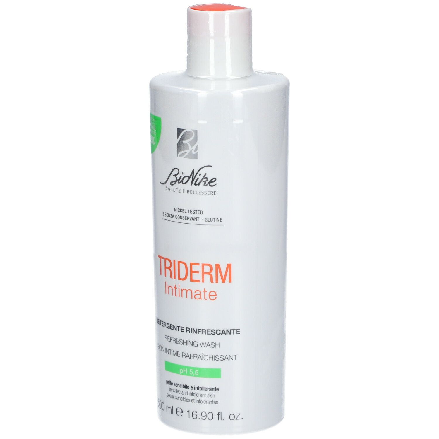 Flacone bianco con tappo arancione. Scritta: TRIDERM Intimate, pH 5,5. Nome del prodotto e marchio visibili.