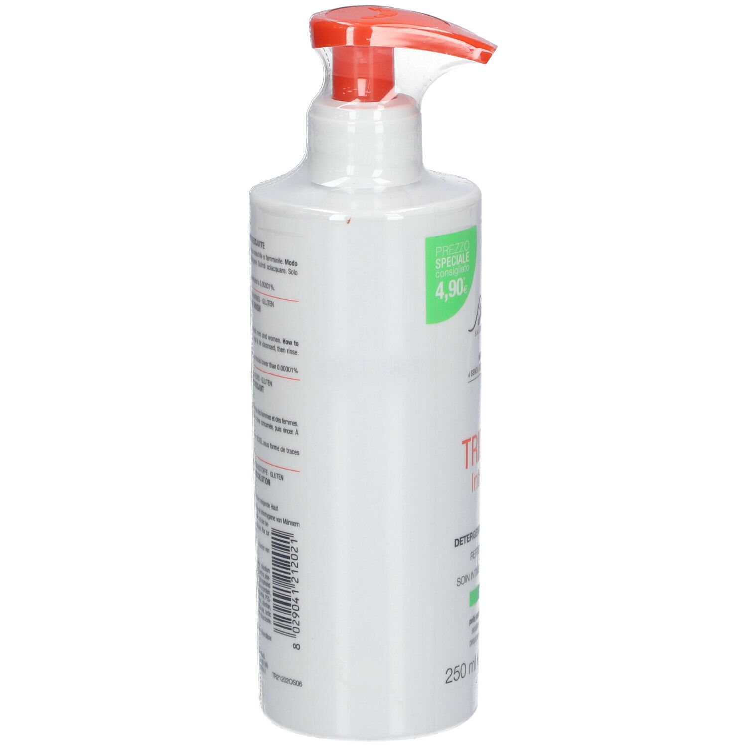 Flacon blanc avec pompe rouge, vue latérale. Texte sur les étiquettes. 250 ml.