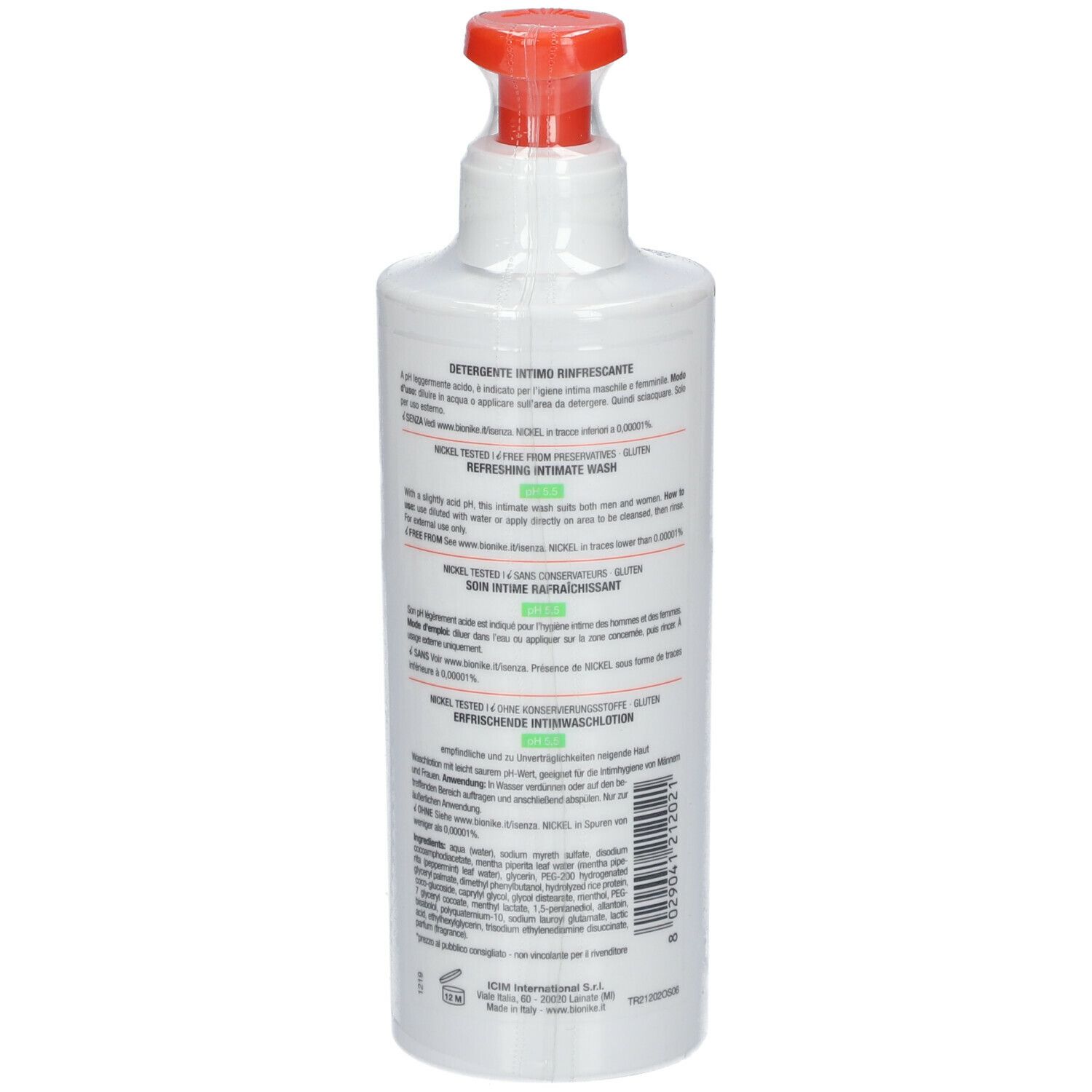 Flacon blanc avec pompe rouge, vue arrière avec texte. 250 ml.