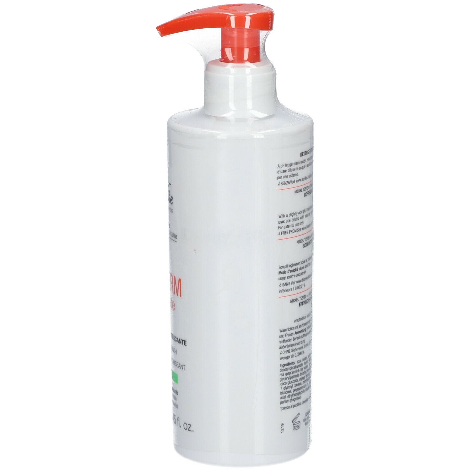 Flacon blanc avec pompe rouge, vue latérale. Texte sur les étiquettes. 250 ml.