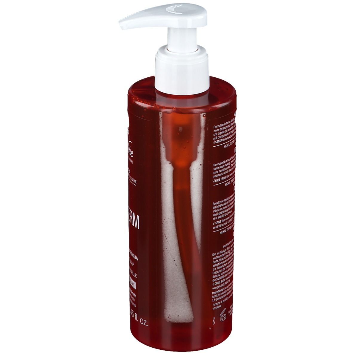 Rote Pumpflasche mit weißem Spender und durchsichtigem Schlauch. Enthält eine klare Flüssigkeit.