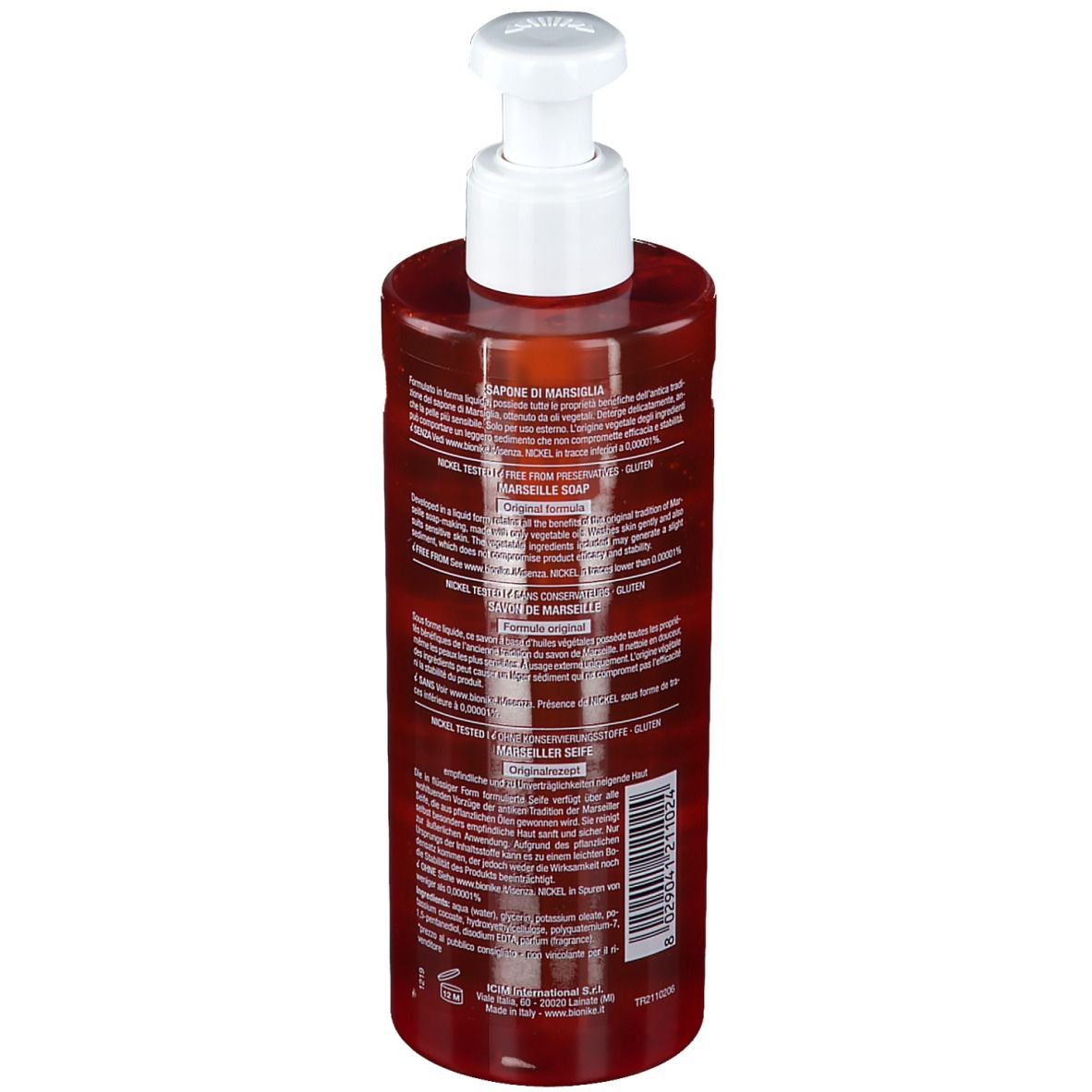 Braune Pumpflasche mit Flüssigseife, Etikett mit Produktinformationen.