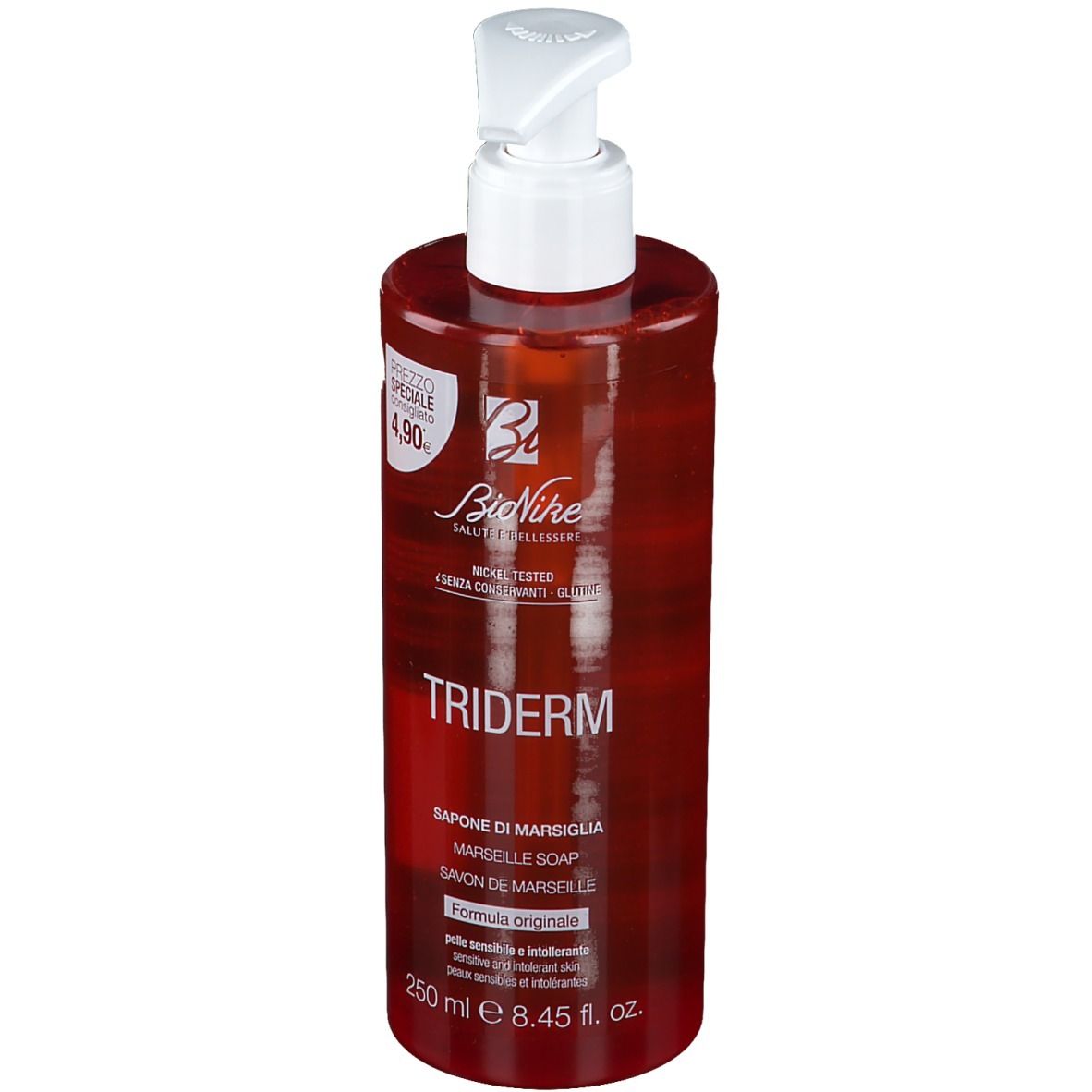 Rote Pumpflasche mit Bionike TRIDERM Marseiller Seife, 250 ml.