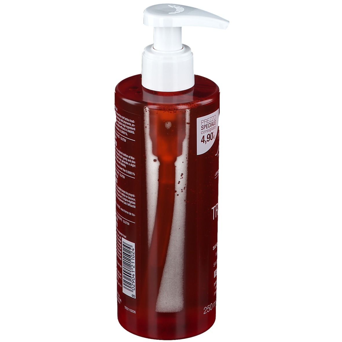 Rote Pumpflasche mit durchsichtigem Inhalt und weißem Pumpaufsatz. 250 ml.