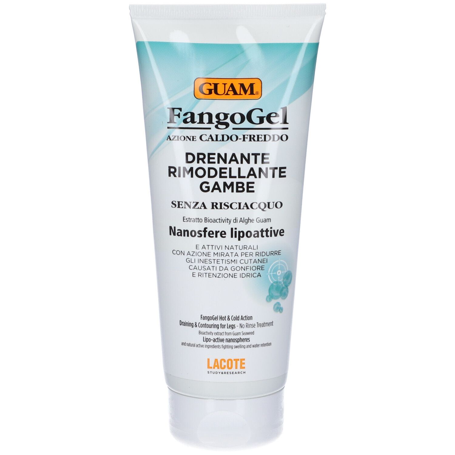 Weiß-türkisfarbene Tube mit Produktaufschrift. Schriftzug: GUAM FangoGel Drenante Rimodellante Gambe. Produktname und Marke deutlich sichtbar.