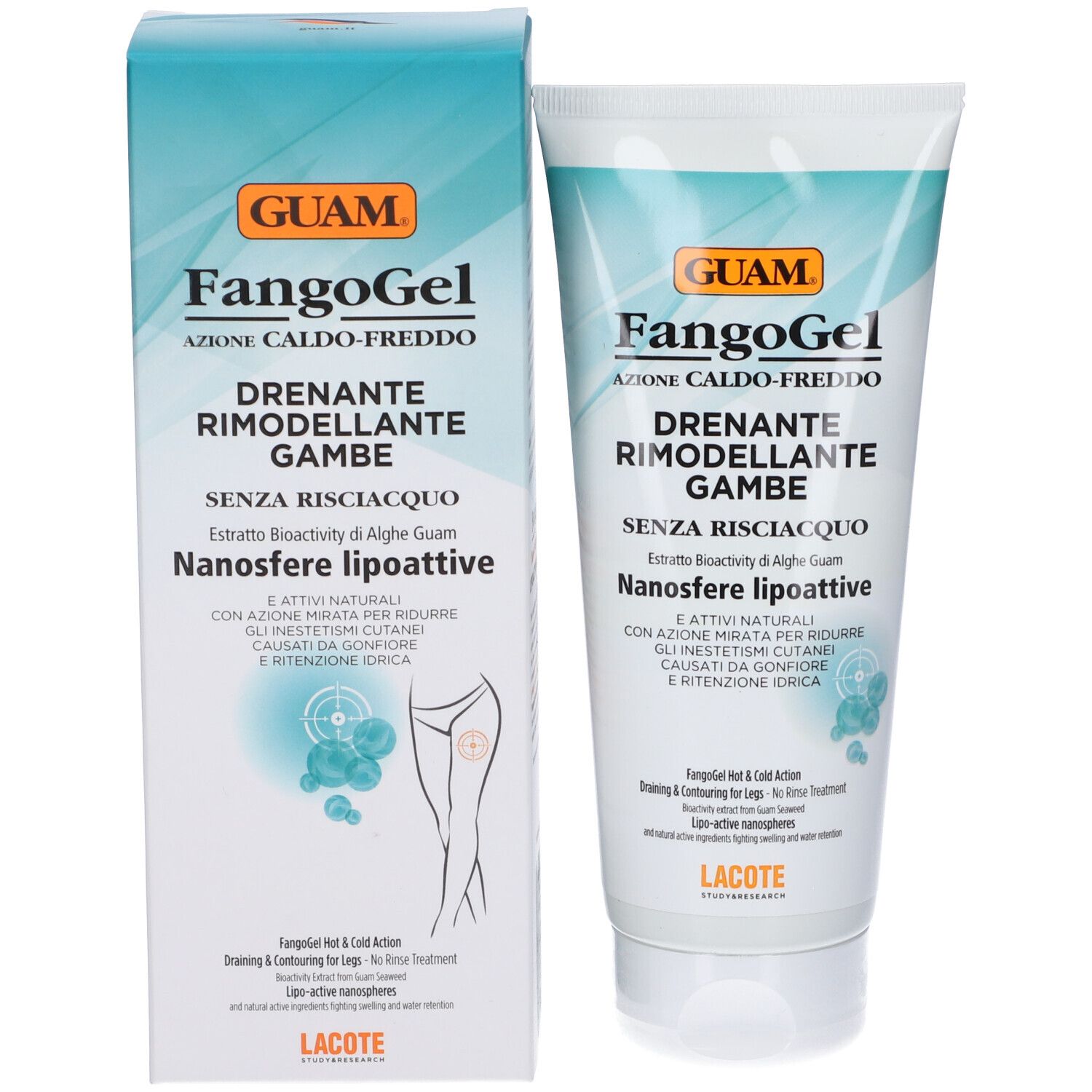 Produktverpackung mit Tube. Aufschrift: GUAM FangoGel Drenante Rimodellante Gambe. Produktname und Marke deutlich sichtbar. Illustration eines Beins.