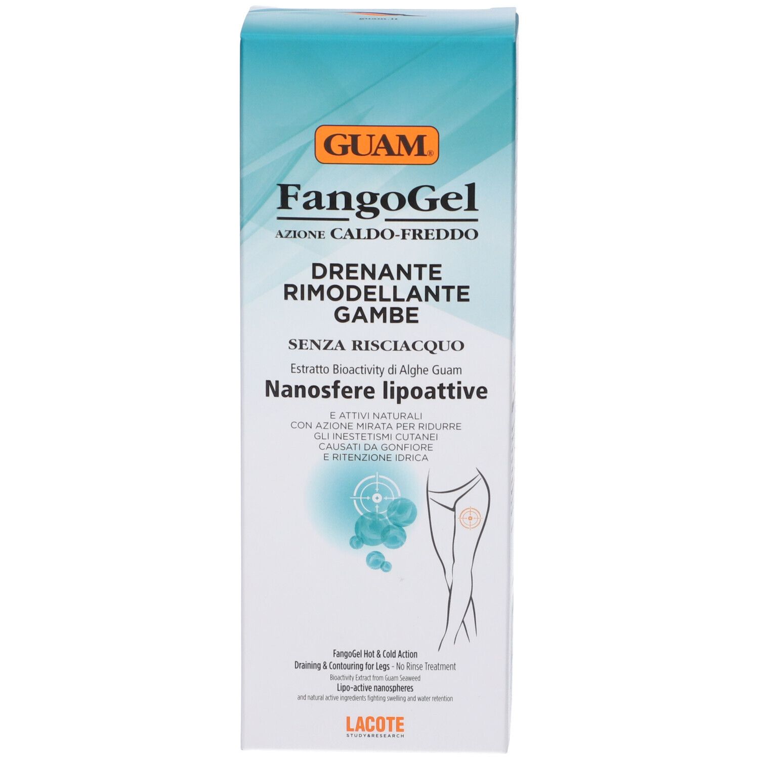 Produktverpackung. Aufschrift: GUAM FangoGel Drenante Rimodellante Gambe. Produktname und Marke deutlich sichtbar. Illustration eines Beins.