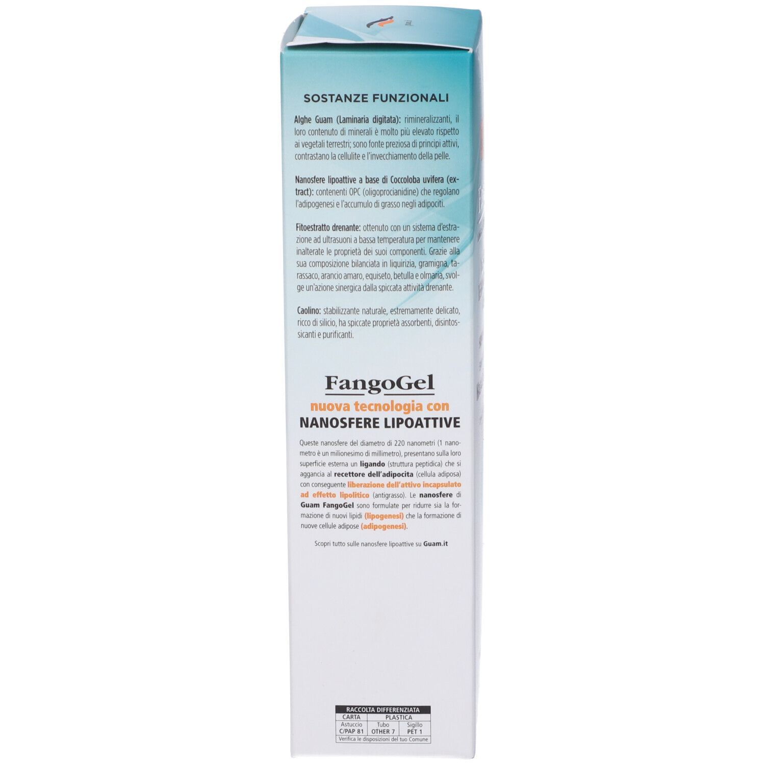 Produktverpackung, Seitenansicht. Text in italienischer Sprache. Produktname und Marke nicht sichtbar. Angaben zu Inhaltsstoffen und Anwendung.