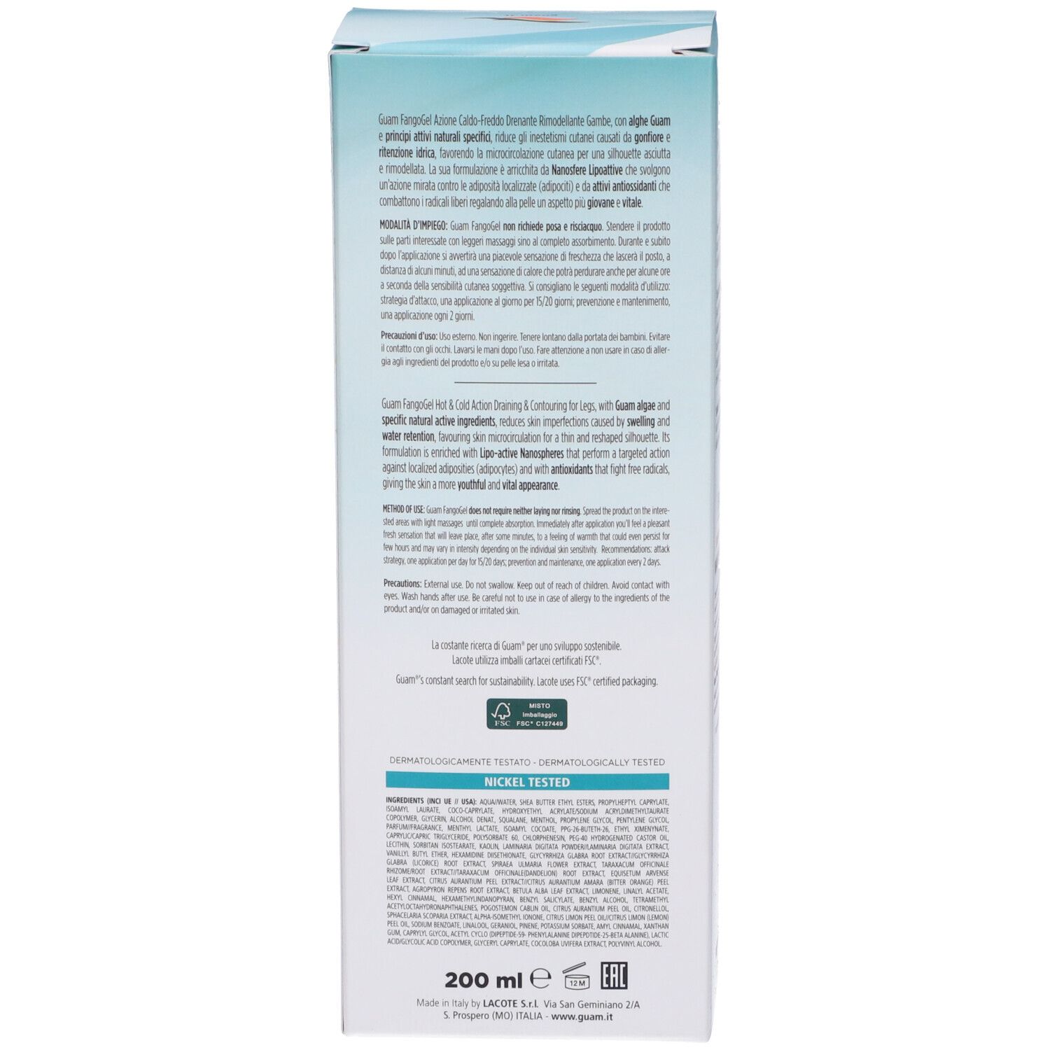 Rückseite der Produktverpackung. Text in mehreren Sprachen. Produktname und Marke nicht sichtbar. Angaben zu Inhaltsstoffen und Hersteller.