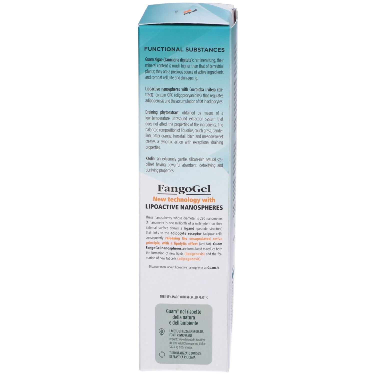 Produktverpackung, Seitenansicht. Text in englischer und italienischer Sprache. Produktname und Marke nicht sichtbar. Angaben zu Inhaltsstoffen.