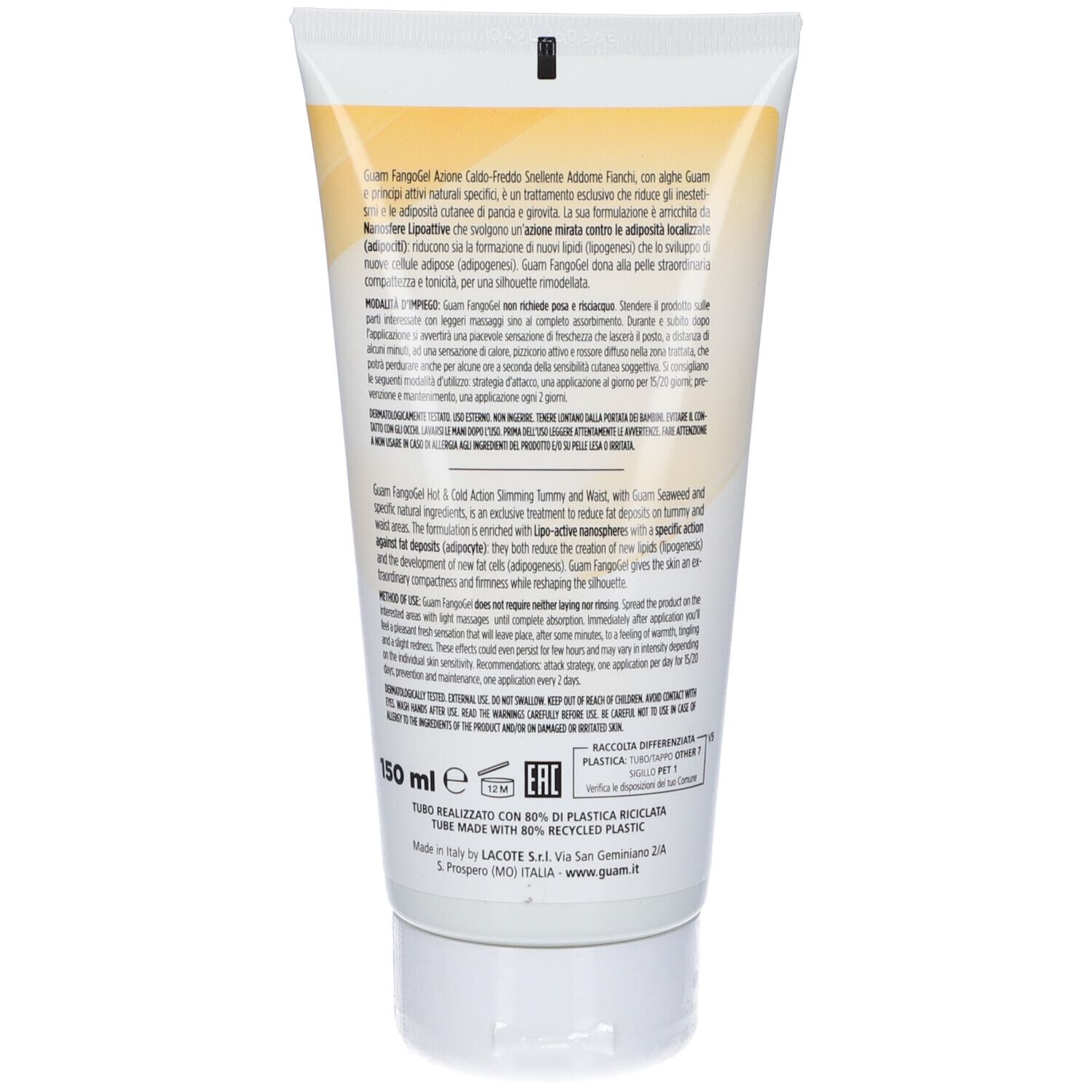 Rückseite der GUAM FangoGel Tube. Text in italienischer und englischer Sprache. Informationen zum Produkt.