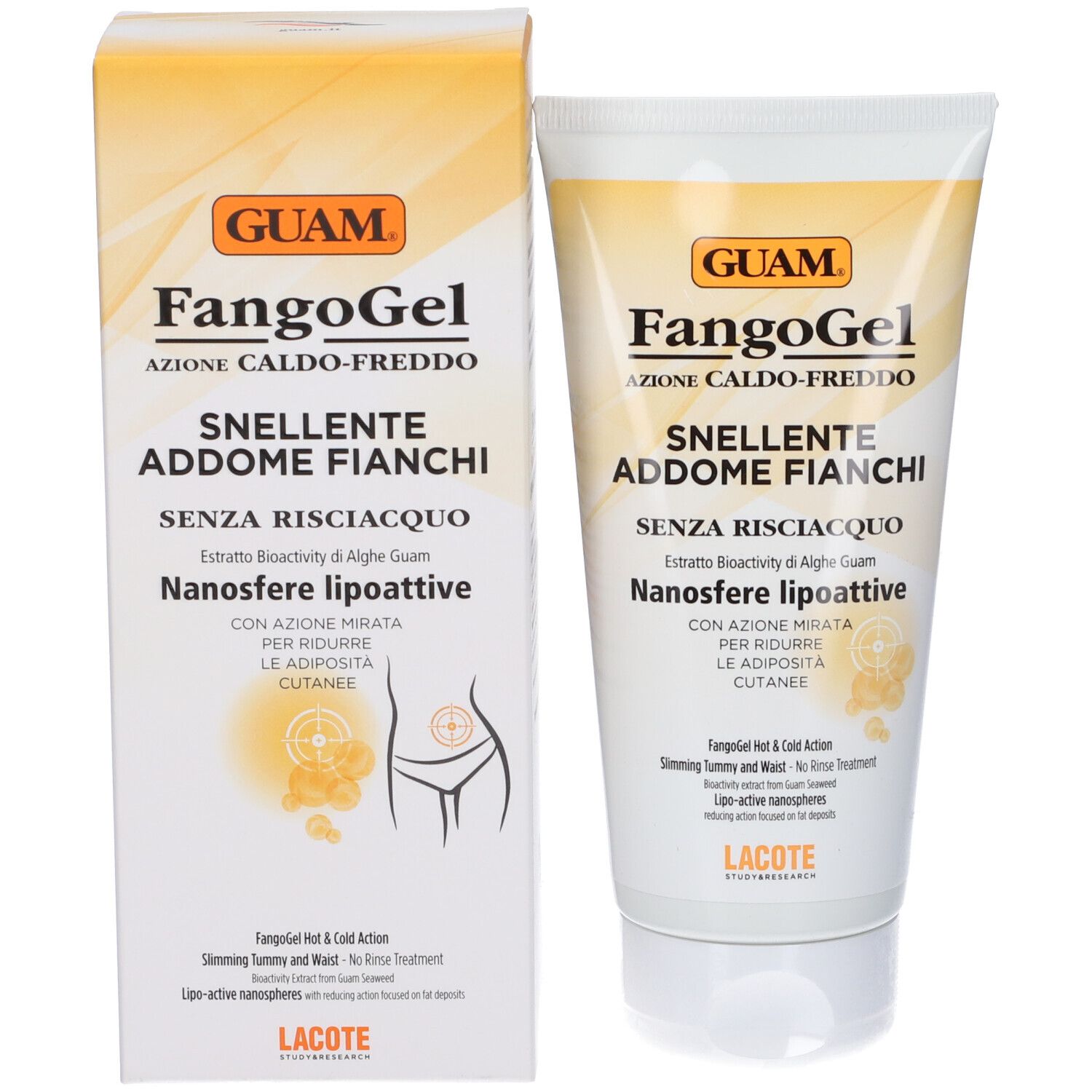 GUAM FangoGel Tube und Verpackung. Aufschrift: FangoGel Snellente Addome Fianchi. Mit Illustration.