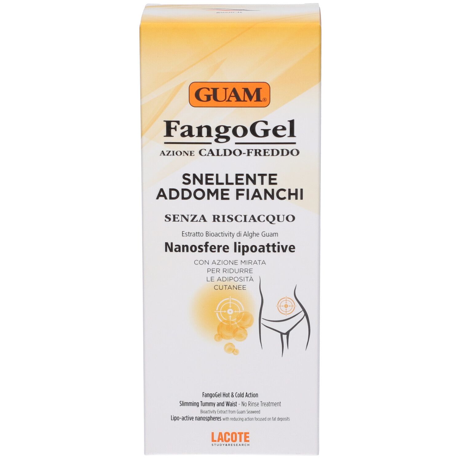 GUAM FangoGel Verpackung. Aufschrift: FangoGel Snellente Addome Fianchi. Mit Illustration und Text.