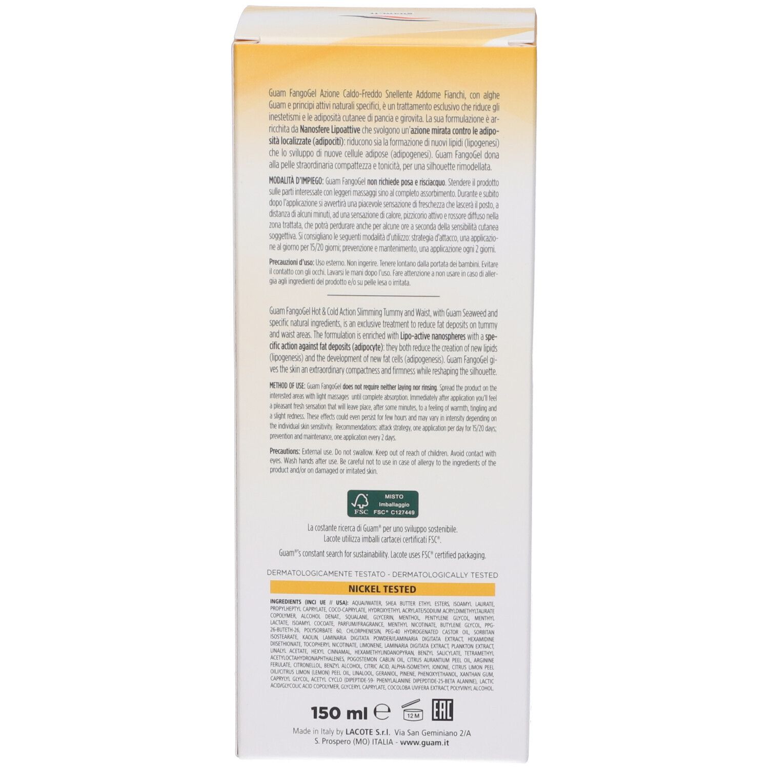 GUAM FangoGel Verpackung, Rückseite. Text in italienischer und englischer Sprache. Produktinformationen.