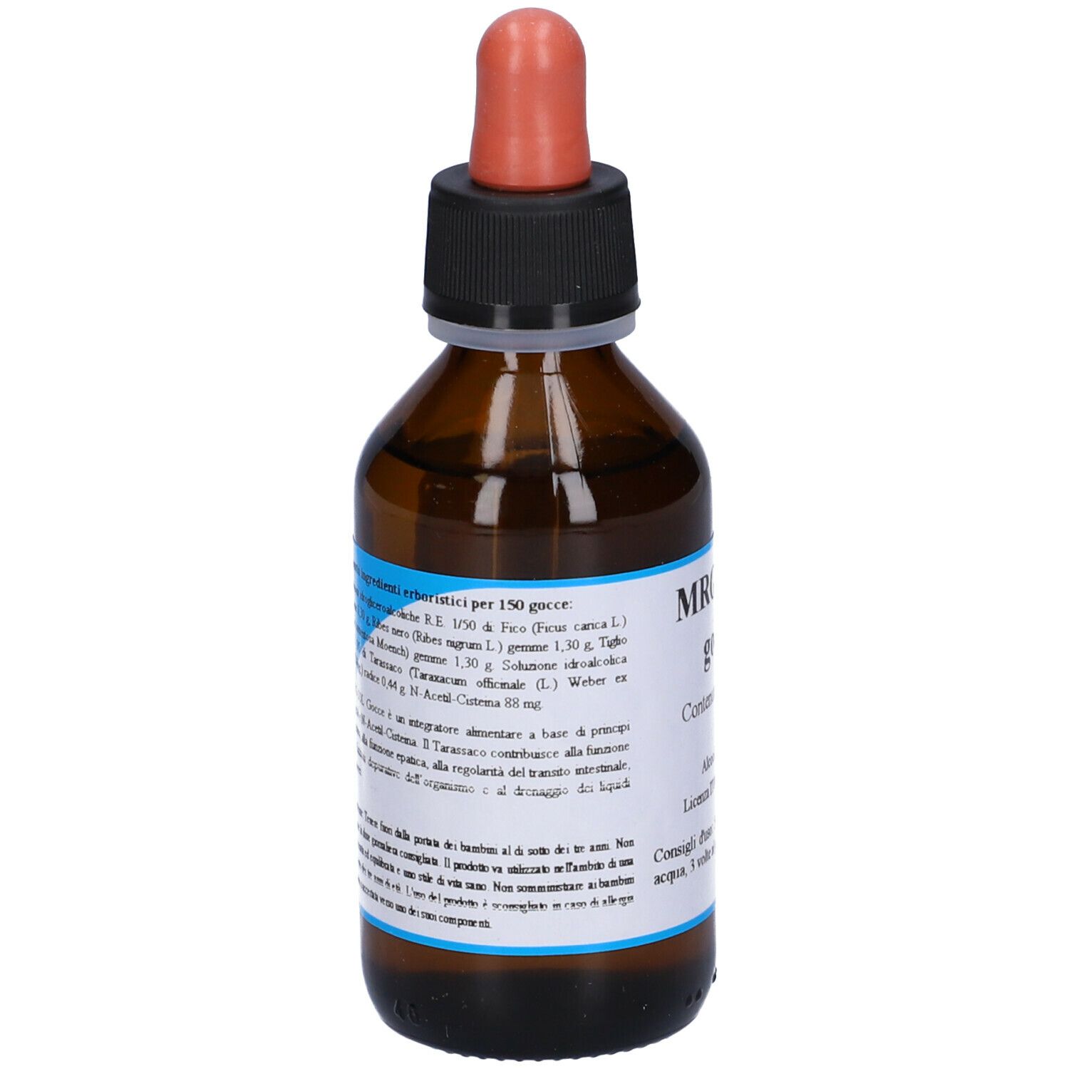 Flacone di vetro marrone con tappo nero e pipetta rossa. Scritta: MRG-SOL gocce, testo.
