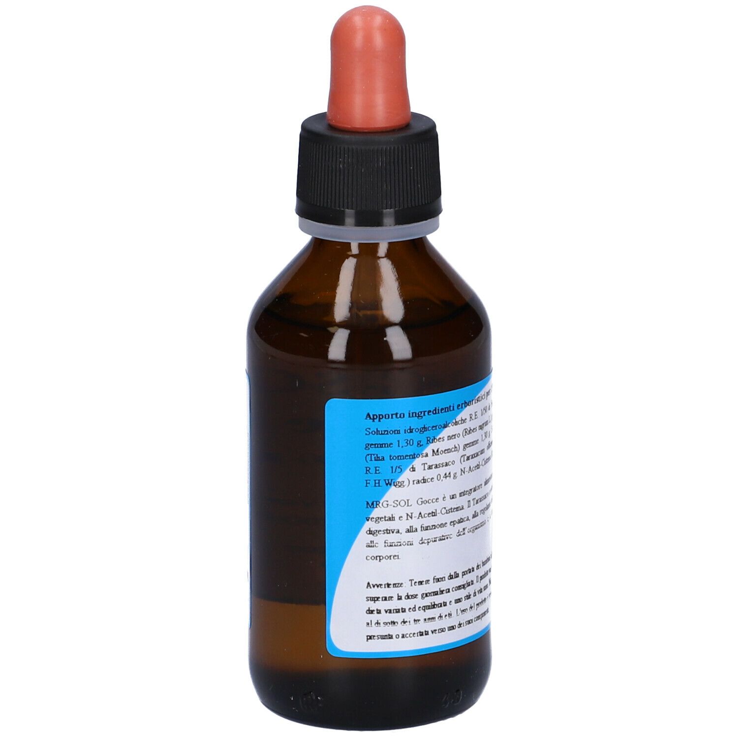 Flacone di vetro marrone con tappo nero e pipetta rossa. Scritta: MRG-SOL gocce, testo.