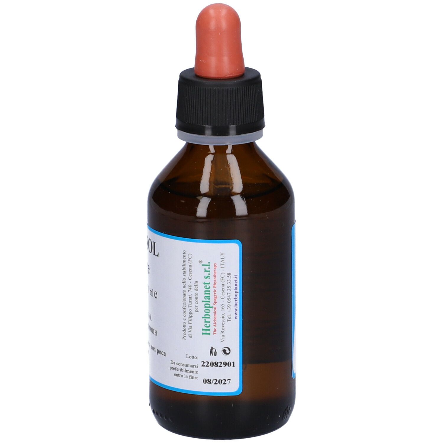 Flacone di vetro marrone con tappo nero e pipetta rossa. Scritta: MRG-SOL gocce, testo.